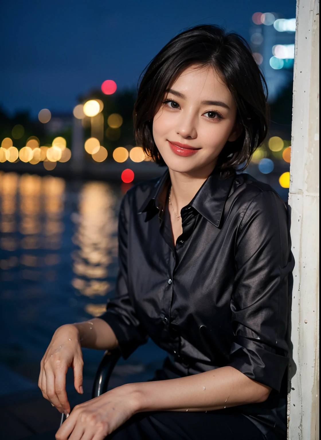 (8k, best quality, masterpiece:1.2), (realistic, photo-realistic:1.37), ultra-detailed, 1 girl,cute, solo,beautiful detailed sky,detailed cafe,night,sitting,dating,(nose blush),(smile:1.15),(closed mouth) small breasts,beautiful detailed eyes,(collared shirt:1.1), night, wet,business attire, rain,white lace, (short hair:1.2),floating hair NovaFrogStyle,