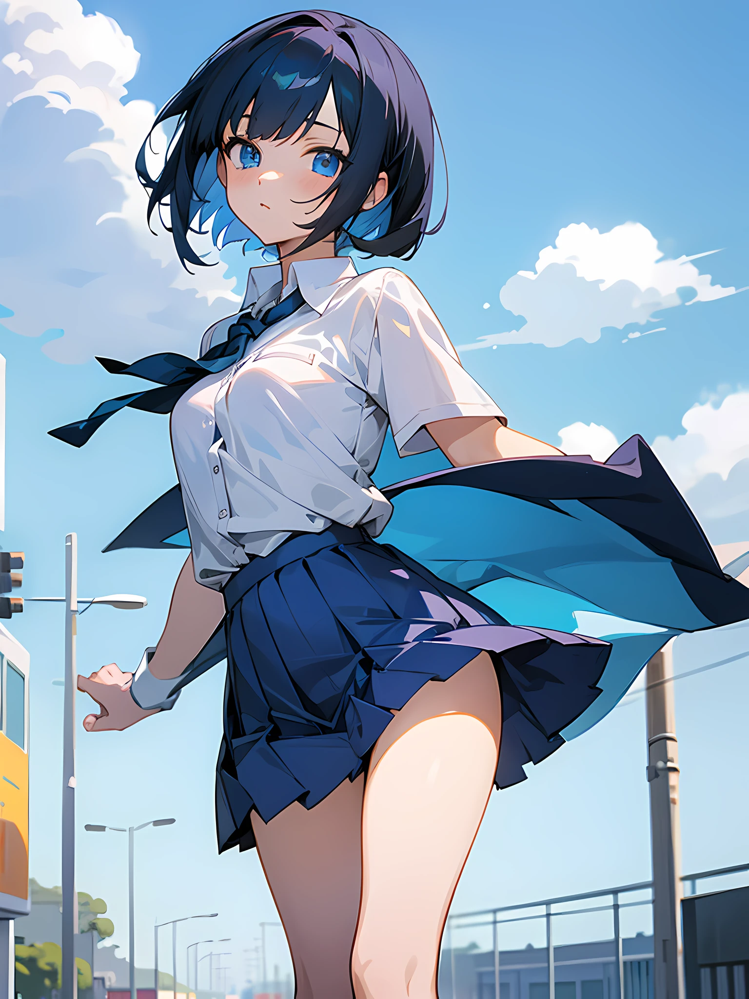 masterpiece:1.2, best quality), (highly detailed:1.3), 1girl, from below, solo, , sky, cloud, black hair, wind lifting skirt, striped panties, skirt, sailor collar, looking at viewer, short hair, building, stormy clouds, blue sky, power lines, shirt, cityscape, scenery,  city, , closed mouth, black skirt, medium hair, WindyUpskirt