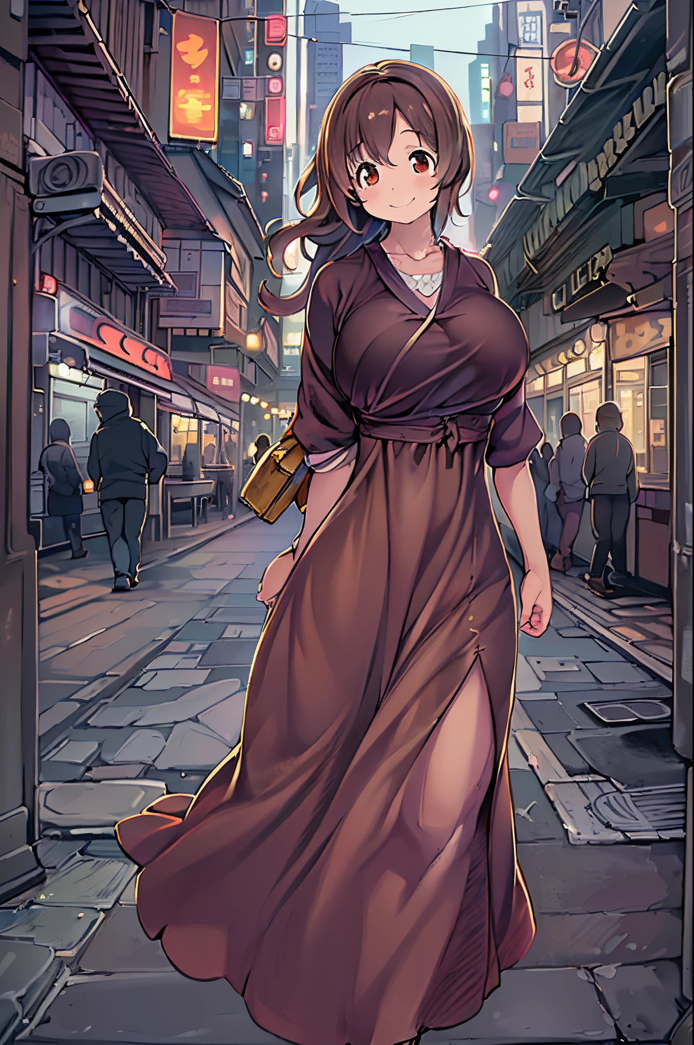 ((Best Quality, 8K, masutepiece :1.3)), 1girl in, Smiling, Full body, Slim Face, Pretty Woman, (dark brown hair), full length dress :1.1, Ultra-detailed face, Detailed eyes, 二重まぶた,  blur backgroun, Slim Face, city, Outside, Street,