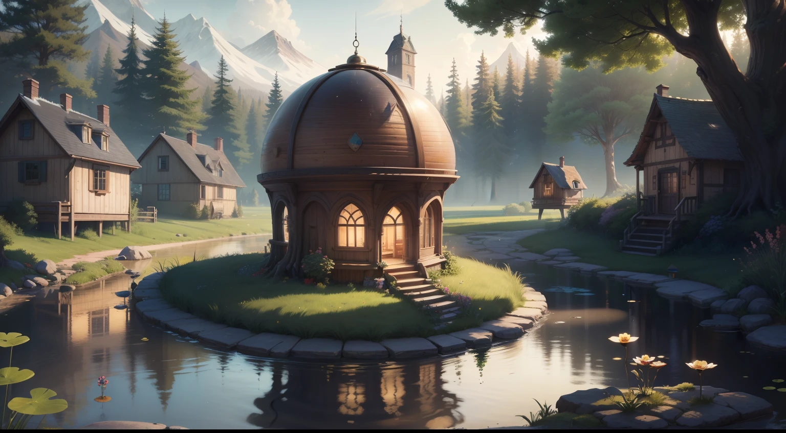 a small, summer globe with a house inside, summer, trees, and a pond