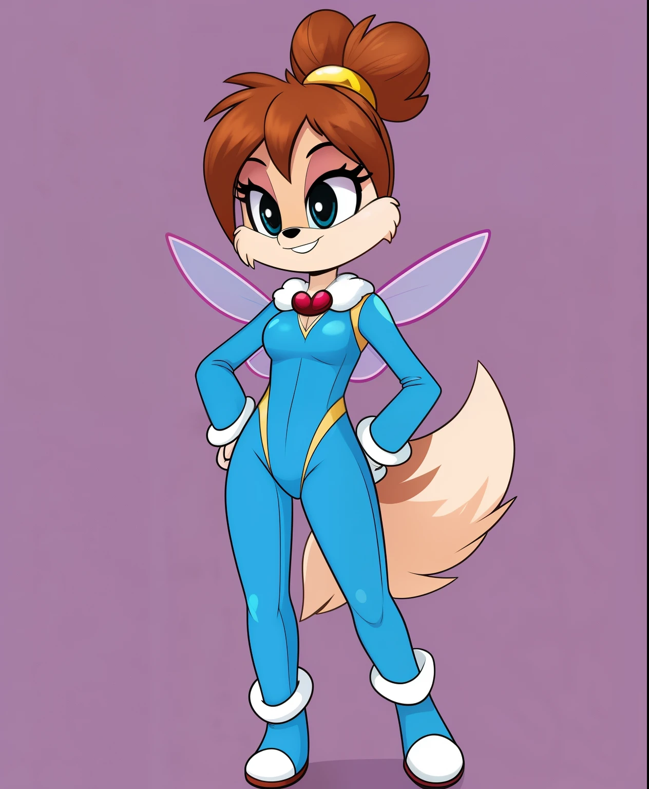 Female wolf, bun hair, aquamarine popstar costume, bug antennas, bug wings, tiny toons style, full body view
