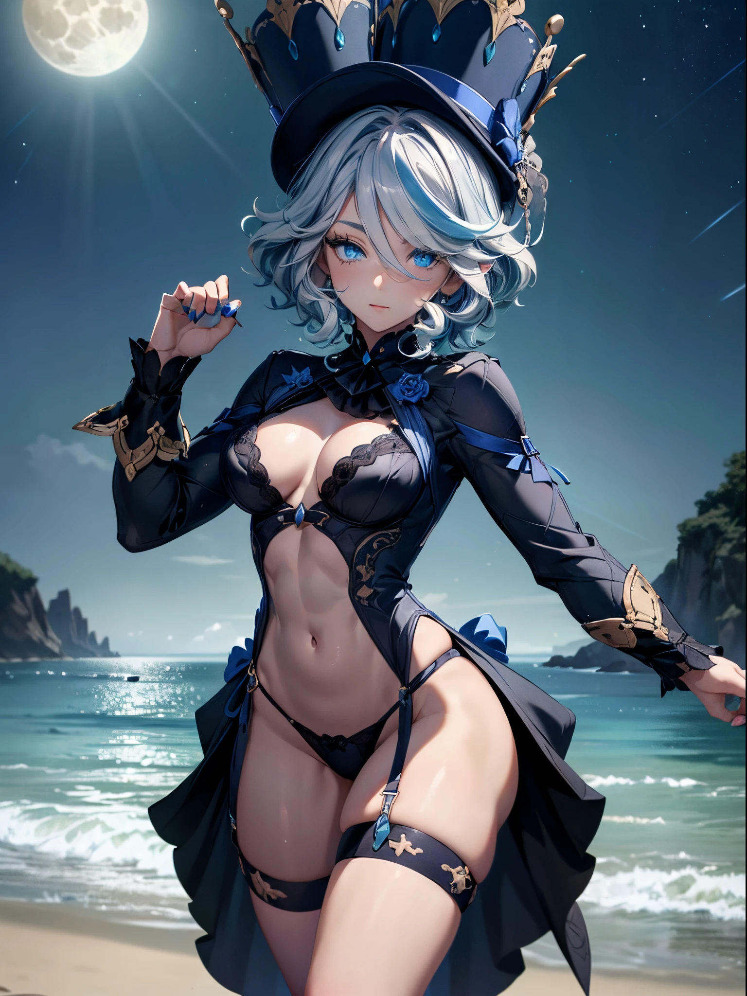 (Furina), 1 girl, blue eyes, (blue hair), Topknot, Ahoge, hair over one eye, light blue hair, (((short hair))), nails painted light blue, hat, short black panties and transparent, naked, (small transparent women's lingerie), (muscular thighs), muscular belly, big ass, thin waist, (large breasts), barefoot, (((full body photo))),top hat, break looking at the viewer , (stepping on me), showing the sole of his foot, (on the beach at night with starry sky and full moon), break (masterpiece: 1.2), best quality, very high resolution, Unity 8k wallpaper, (illustration: 0.8), (beautiful detailed eyes: 1.6), extremely detailed face, perfect lighting, extremely detailed CG (perfect hands, perfect anatomy),