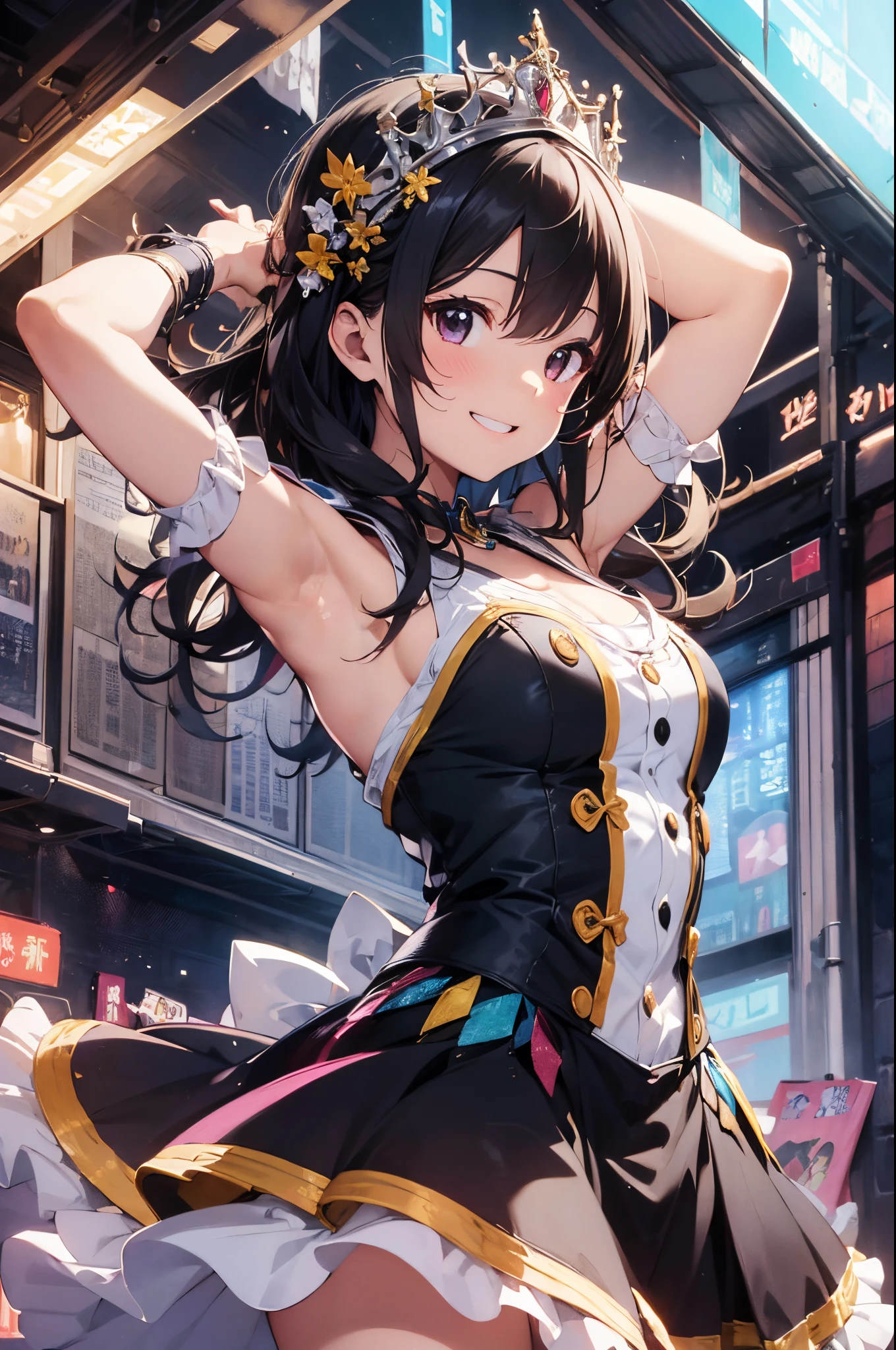 (Best Picture Quality, 4K, High Quality, Masterpiece:1.2), ((Masterpiece)), High Detail, High Quality, (HDR,16k, RAW Beautiful Girl Portrait, Best Picture Quality, Masterpiece::1. 2), (Ultra-Definition Illustration), idolmaster, idol costume, 15 years old, sleeveless, detached sleeves, colorful frilled dress, tiara, stage, showing armpits, cheerful, smiling,