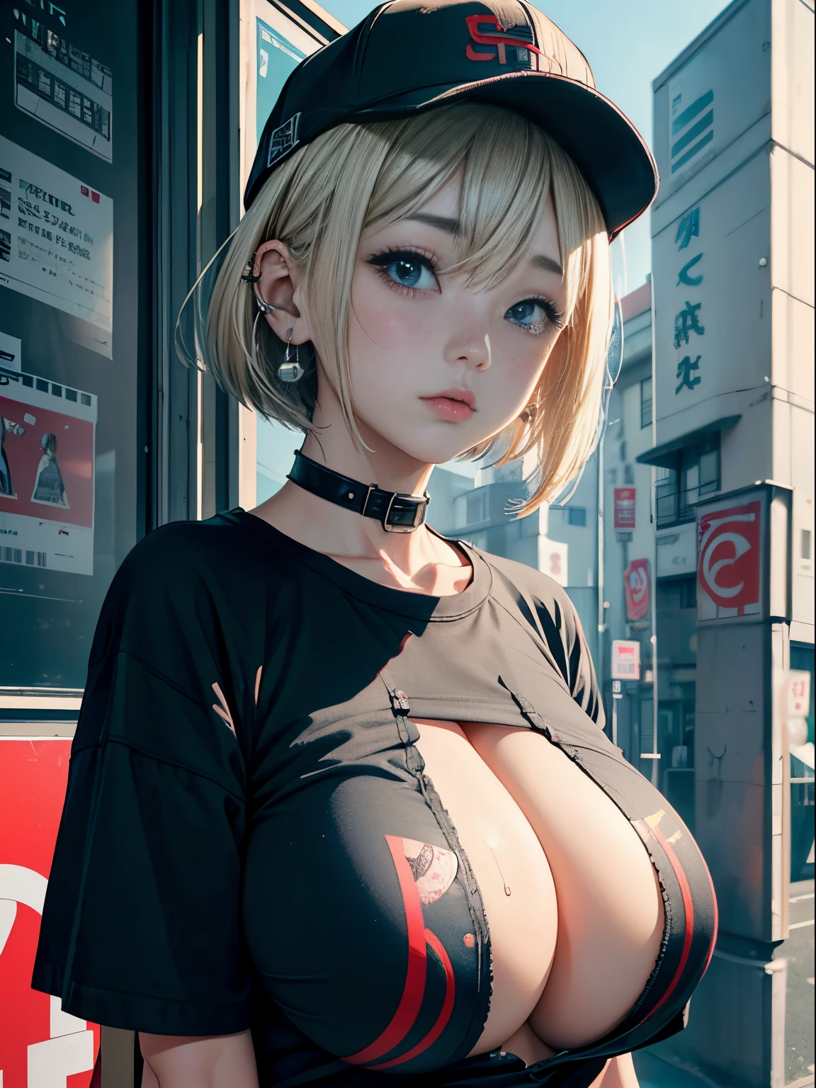 a 20 yo woman、(masterpiece:1.4)、(in 8K、realisitic、Raw photo、top-quality:1.4)、(Real Face:1.4)、(real looking skin:1.3)、超A high resolution、Black eyes、piercings、Blonde Bob Cut、Street fashion、caps、print t-shirt、JINS、(huge-breasted:1.5)、Blushing、alluring face、natta、live house、to stand