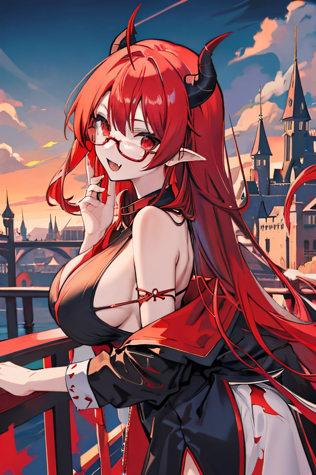 anime girl, red hair, long hair, red eyes, red glasses, fang, horns,one broken horn, black dress, castle background, cloudy skies, demon girl, demon tail, large breasts, side boob