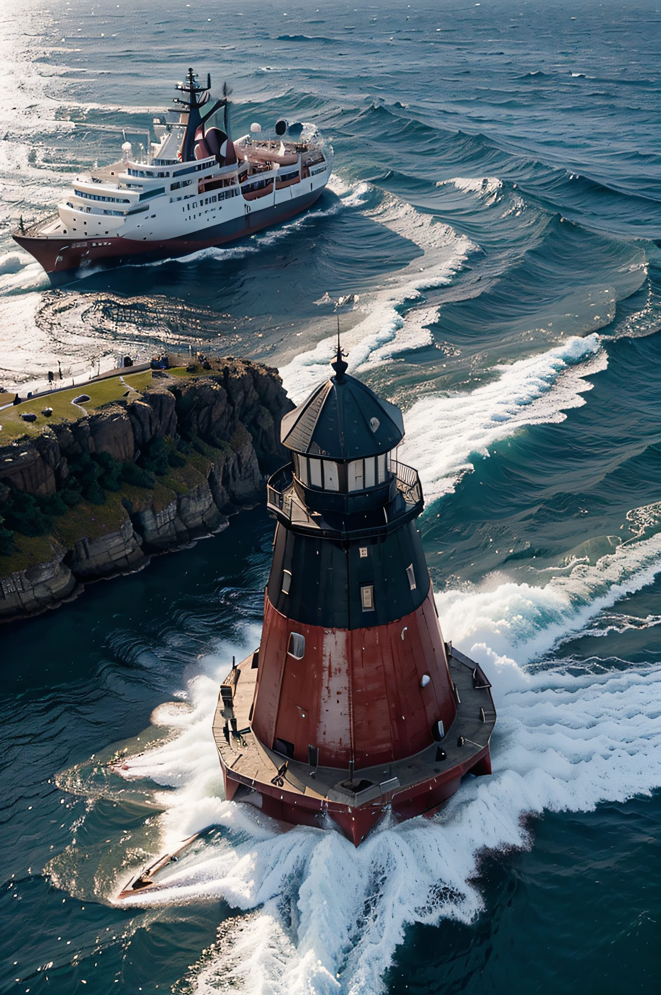 Criar um alto Farol de cor vermelho e branco em terra iluminando com luz brilhante, o caminho. in the same image must contain a large ship, maroon and dark blue shell, black chimney with white stripes, wooden deck and red bridge. This ship is coming to dock through a rough sea don&#39;t crash against the big rocks rocks, imagem realista