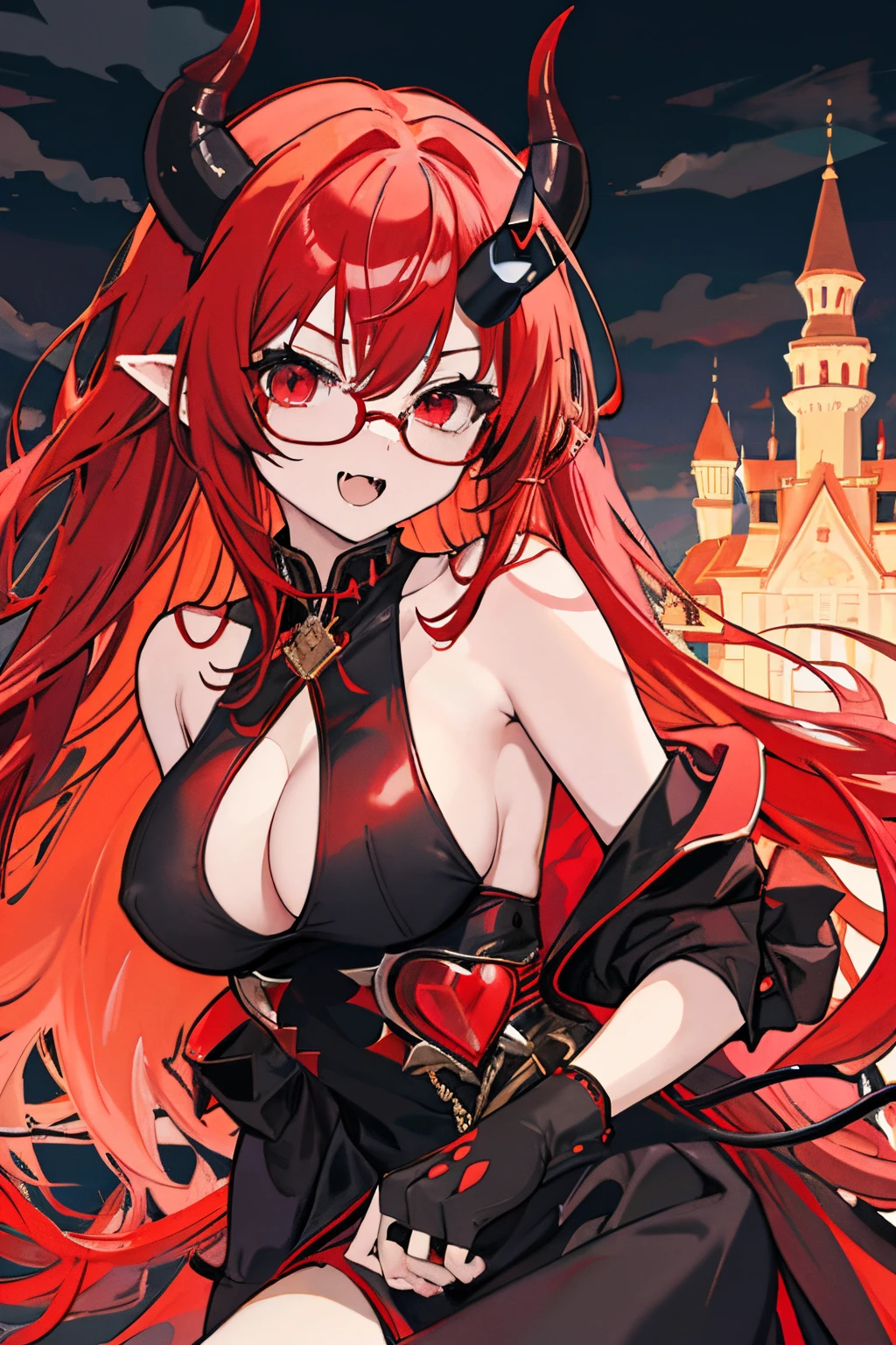 anime girl, red hair, long hair, red eyes, red glasses, fang, horns,one broken horn, black dress, castle background, cloudy skies, demon girl, demon tail, large breasts, side boob