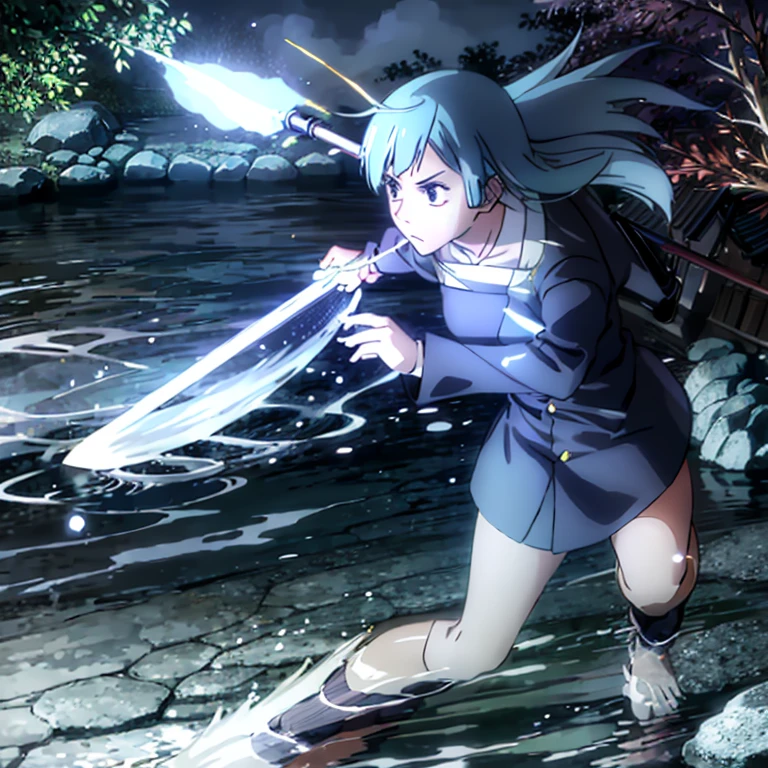 Miwa Kasumi、lightblue hair、Holding a Japan sword、coat of arms on foot、Juhe、Water Effects、put your hand on the handle of the sword、serious faces、dark area