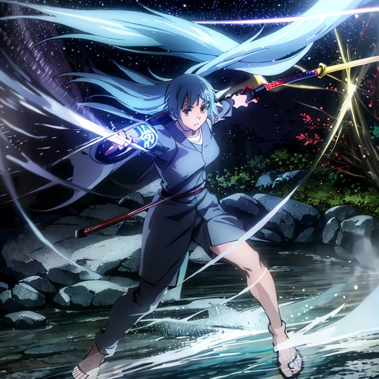 Miwa Kasumi、lightblue hair、Holding a Japan sword、coat of arms on foot、Juhe、Water Effects、put your hand on the handle of the sword、serious faces、dark area