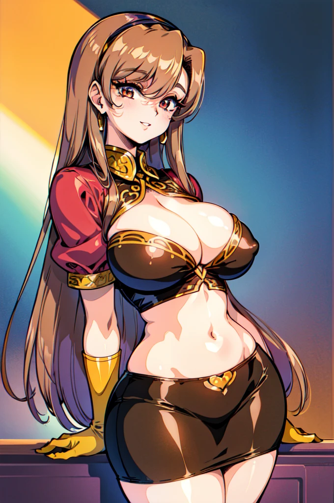 "(masterpiece:1.1), best quality, NSFW,
1girl, gyaru, (80s anime style:1.3), (eyelashes:1.5), (:1.2),
(intricate high detailed body:1.2),
brown hair,
(hair over one eye:1.1), (long hair, straight hair:1.1),
red eyes, (red lip stick:1.1),
(tan skin:1.1), (curvy body:1.2), (gigantic breasts:1.3),
(happy, smile:1.2),
(school uniform, skirt, midriff peek:1.1), (cleavage cutout:1.1),
neck ribbon, long gloves, earrings, collar, headband,
standing, leaning forward,
upper body,
(daytime, classroom:1.2)"