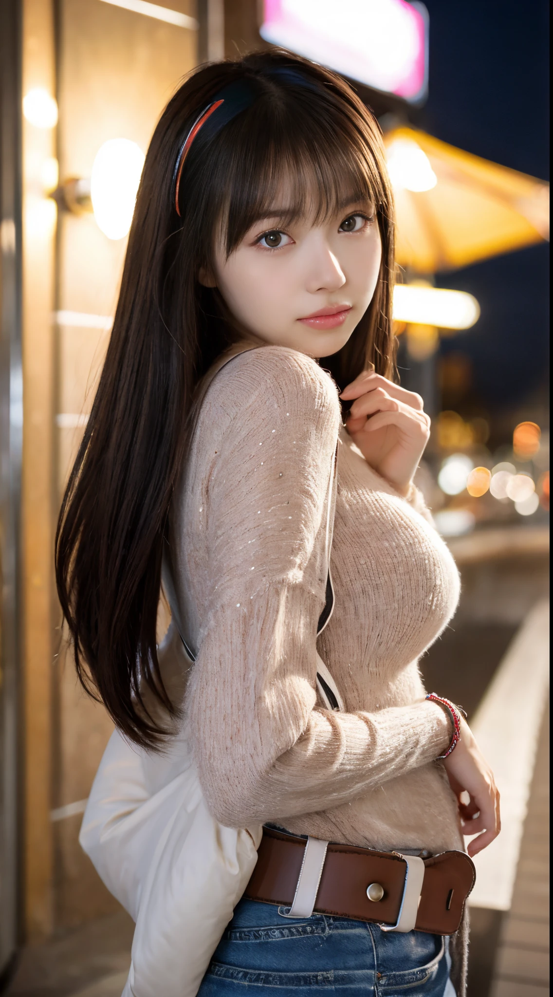 ulzzang -6500-v1.1, (Raw photo:1.2), (Photorealsitic), (Real: 1.4), Portrait, 1 girl, Beautiful face, Asymmetrical hair, Multi-colored hair, Belt bag, body suit, Covered navel, Detached sleeves, grey eyes, hip vent, Open jacket, Cute, look at viewr, nightcity, neons, rainy,
