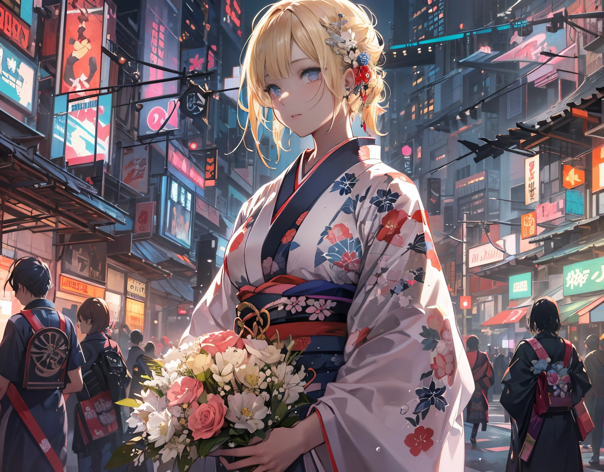 masterpiece, concept art, illustration, centered, a pretty girl holding a bunch of flowers on a city street, kimono, cyberpunk art, by WLOP, featured on pixiv, close up of a young anime girl, blonde hair, wearing a kimono, detailed droplets, detailed dress and face, piercing clear eyes, epic composition, epic proportion, Vibrant color, HD,