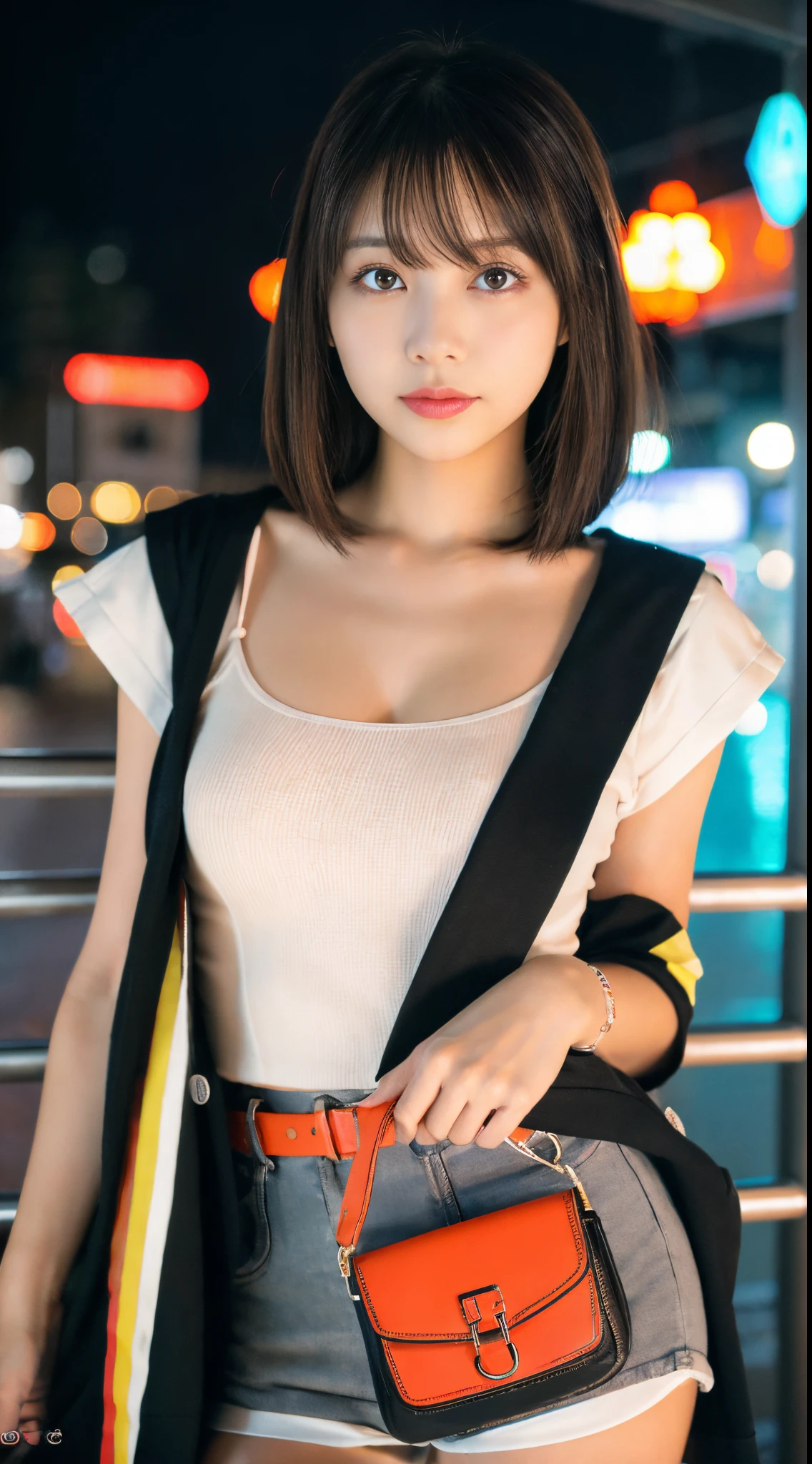 The 高いest quality, masterpiece, formal, movie atmosphere、、(key light：Front diagonal 45 degrees, fill light、Backlight、Shadow、blue and orange color palette), accurate human body、knowledgeable person、Correct five-finger、

(dripping sweat、oil skin,Sparkling肌、realistic skin texture、fine and beautiful skin、shiny skin、shiny skin)

 (detailed pupil, perfect eyes:1.2), (Shiny clothes that reflect light and have many wrinkles:1.2), Sparkling, Sparklingした金色, (hoop earrings), necklace, glamorous perfect female proportions, enchanting smile,  fine surface texture,   高い school girl、bewitching woman、(black hair、black hair、straight berry short hair)、((big breasts)), big breastsの谷間、1 Gal、high school girl、high school clothes、White shirt and black pleated skirt、((black mask))、city night、Downtown Urban、City of night