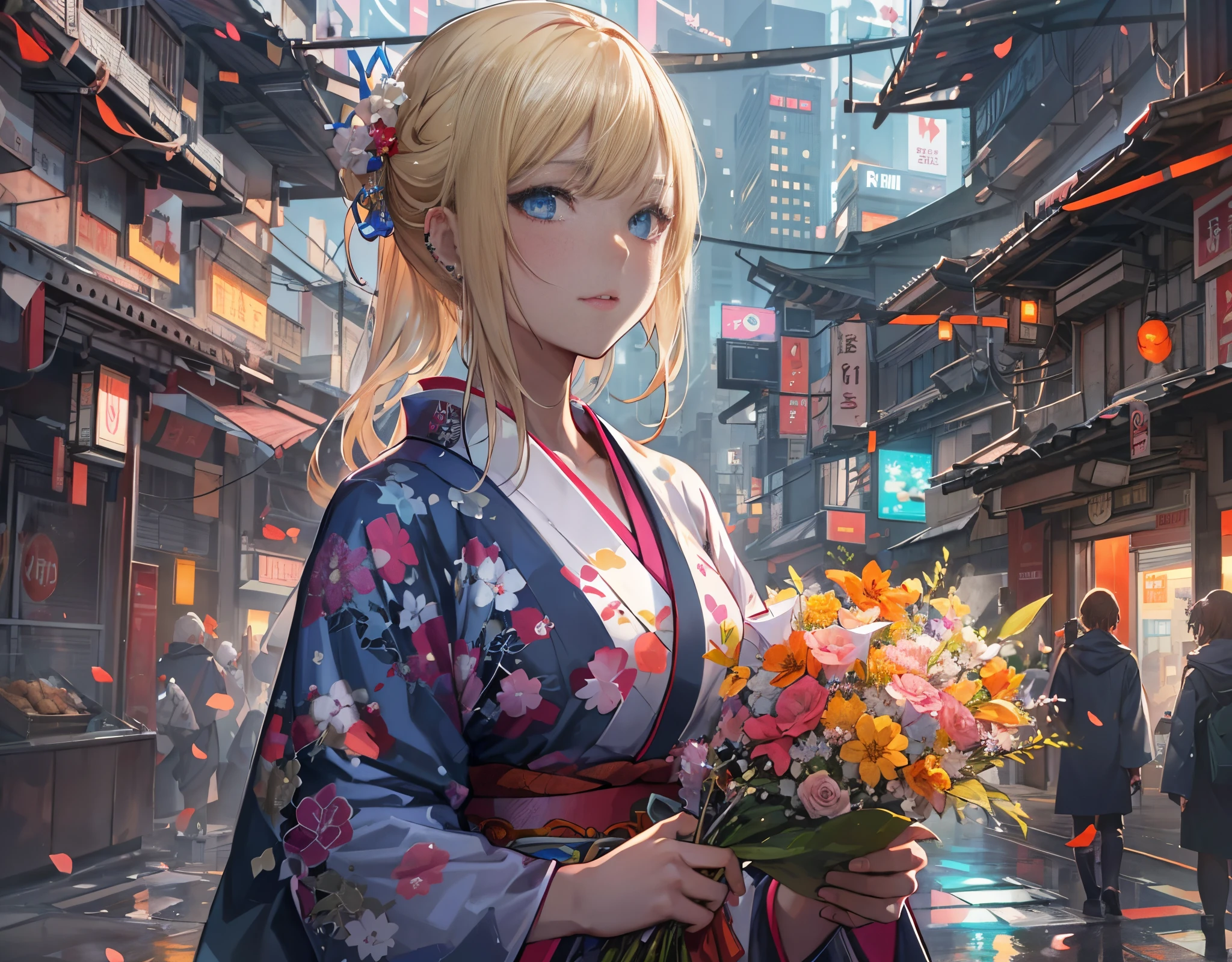 masterpiece, concept art, illustration, centered, a pretty girl holding a bunch of flowers on a city street, kimono, cyberpunk art, by WLOP, featured on pixiv, close up of a young anime girl, blonde hair, wearing a kimono, detailed droplets, detailed dress and face, piercing clear eyes, epic composition, epic proportion, Vibrant color, HD,