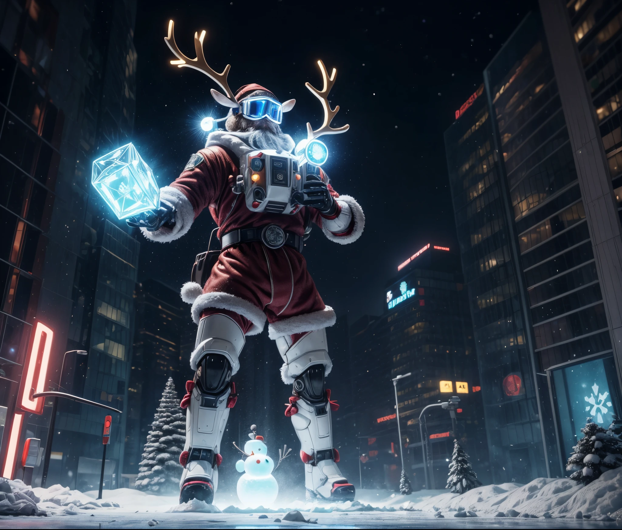 Reindeer, (blind box toy style:1.2), nuttcraker toy, (Full Body Shot) , 1 Transparent Santa claus, Behind him is a snowman and reindeer, snowflakes, Transparent mecha, Exquisite Helmet:1.2, glowing goggles:1.2, Cyberpunk, Dreamy Glow, Luminous neon lamp, clean, white background, ( Global illumination, raytracing, HDR, unreal render,reasonable design, high detailed, masterpiece, best quality, UHD, Cinematic Lighting)