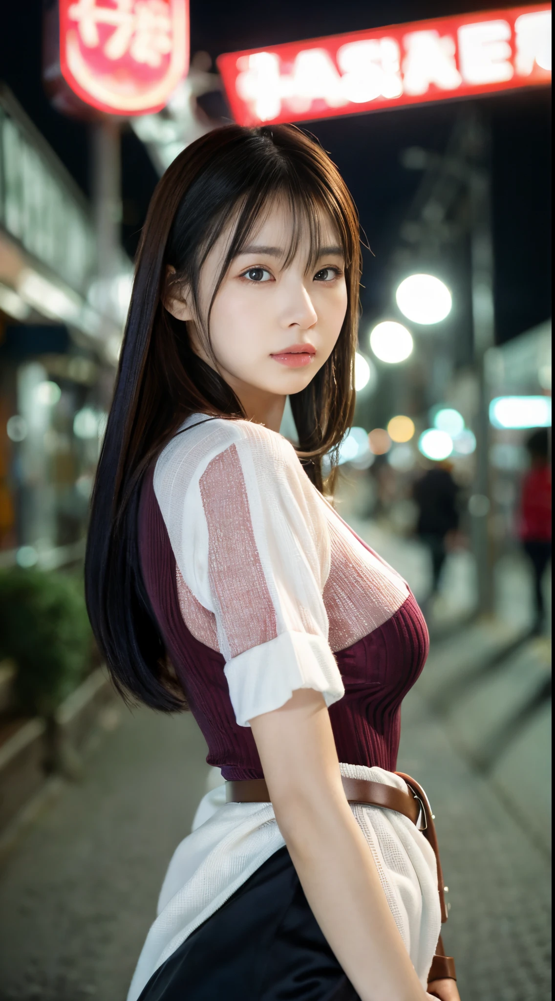 ulzzang -6500-v1.1, (Raw photo:1.2), (Photorealsitic), (Real: 1.4), Portrait, 1 girl, Beautiful face, Asymmetrical hair, Multi-colored hair, Belt bag, body suit, Covered navel, Detached sleeves, grey  eyes, hip vent, Open jacket, Cute, look at viewr, nightcity, neons, rainy,