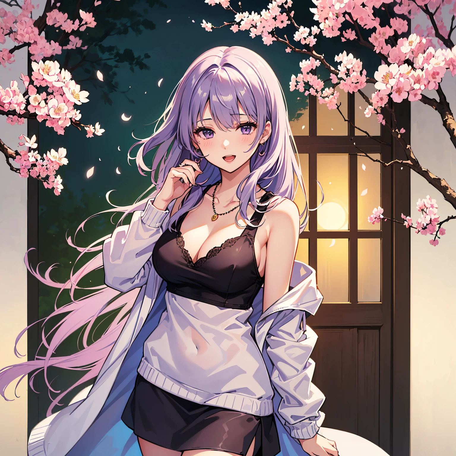(top-quality、masterpiece、very high res、An ultra-high picture quality、High quality pixels)、(1girl,She is a mysterious and bewitching woman, And she is 18 years old,1 person,Single,独奏:1.5)、(She is a very beautiful woman with a beautiful face)、(Beautiful face written in detail,Beautiful body,Strong-willed eyes,Purple eyes,beautiful colored hair,Beautiful skin texture,Beautiful hair quality,Variety of hairstyles)、(Slender body and beautiful breasts)、(Lovely smile,Open mouth),(Wearing a long sleeve sweater,a miniskirt,1 necklace,shoulders are exposed),(A path lined with flourishing cherry blossom trees,The cherry tree),(model poses,modelshoot,Magazine shooting,Hair flutters under the influence of the wind),The wind is blowing、Beautiful Art Style, an animated character、(The whole picture、Detailed picture、accurate anatomy、Defect-free images、extremely detailed picture、Accurate images、perfect image)、(Best Shot Photo 1.2)