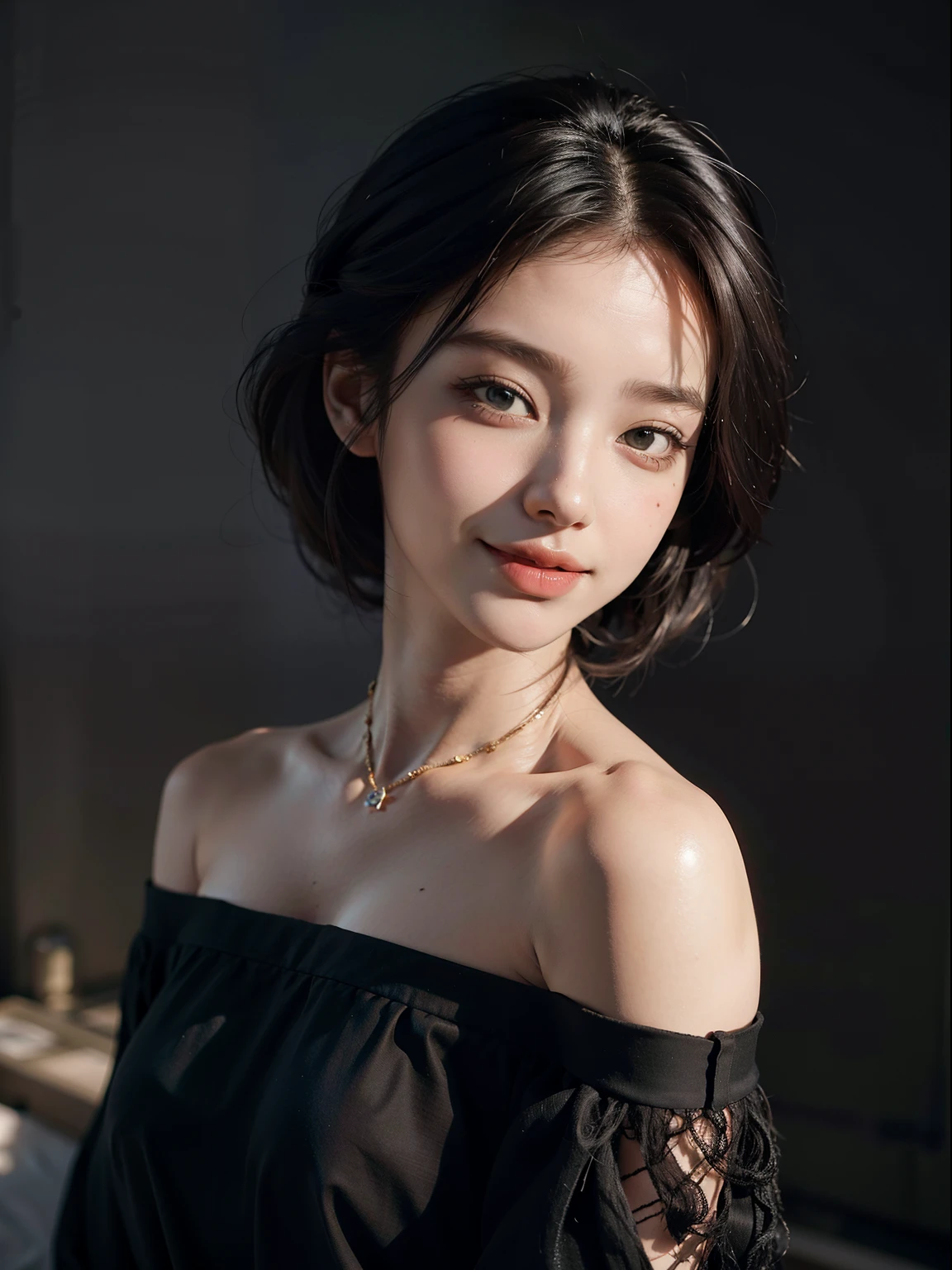 (short hair woman), (off-shoulder sweater, oversized sweater), (hiden short pants), (cross-legged sitting, hands lying on thighs), on bed, medium breasts, deep cleavage, best quality, masterpiece, illustration, very delicate and beautiful, very detailed skin, CG, Unity, 8K wallpapers, amazing, fine detail, highly detailed CG Unity 8K wallpapers, huge file size, high resolution, handsome detailed woman, very detailed eyes and face, Stunning detailed eyes, light on the face, (Best illustration: 1.1), (best shadow: 1.1), ultra high resolution, (photorealistic: 1.1), (photorealistic 1.2:1.1), realistic face proportions,slim,smile,(fluffy black eyes: 1.21), black eyes, looking at the viewer, dark brown hair, earrings, necklaces, hairpins, full body shots, (irregular skin imperfections,veins,moles,skin wrinkles,pores: 1.2), (dark night background: 1.2), (bokeh: 1.4),