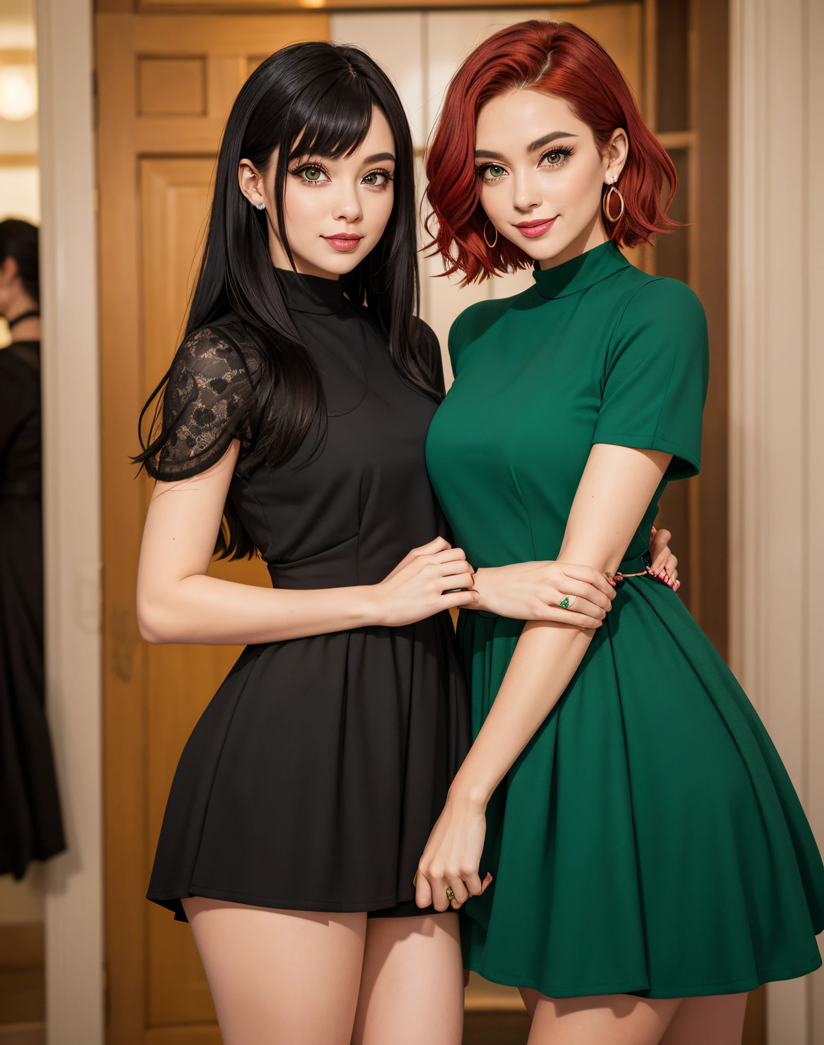 Two women in green dresses posing for a picture - SeaArt AI