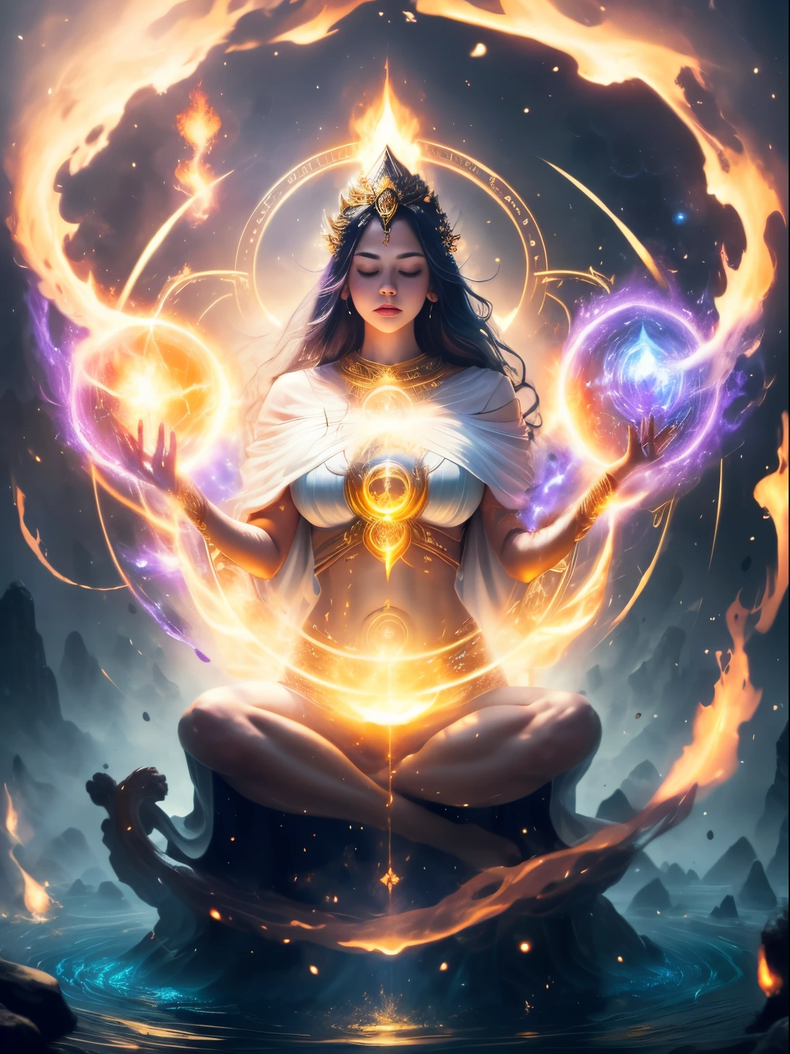 Immortal goddess, super beautiful, 8k, super big breasts, meditating, light white cloth covering part of her body, sitting cross-legged, golden glowing magic circle rotating behind her, magical aura surrounding her parts, magical, fantasy, milky way background, (4  elements, fire, water, wind, earth, surround it),