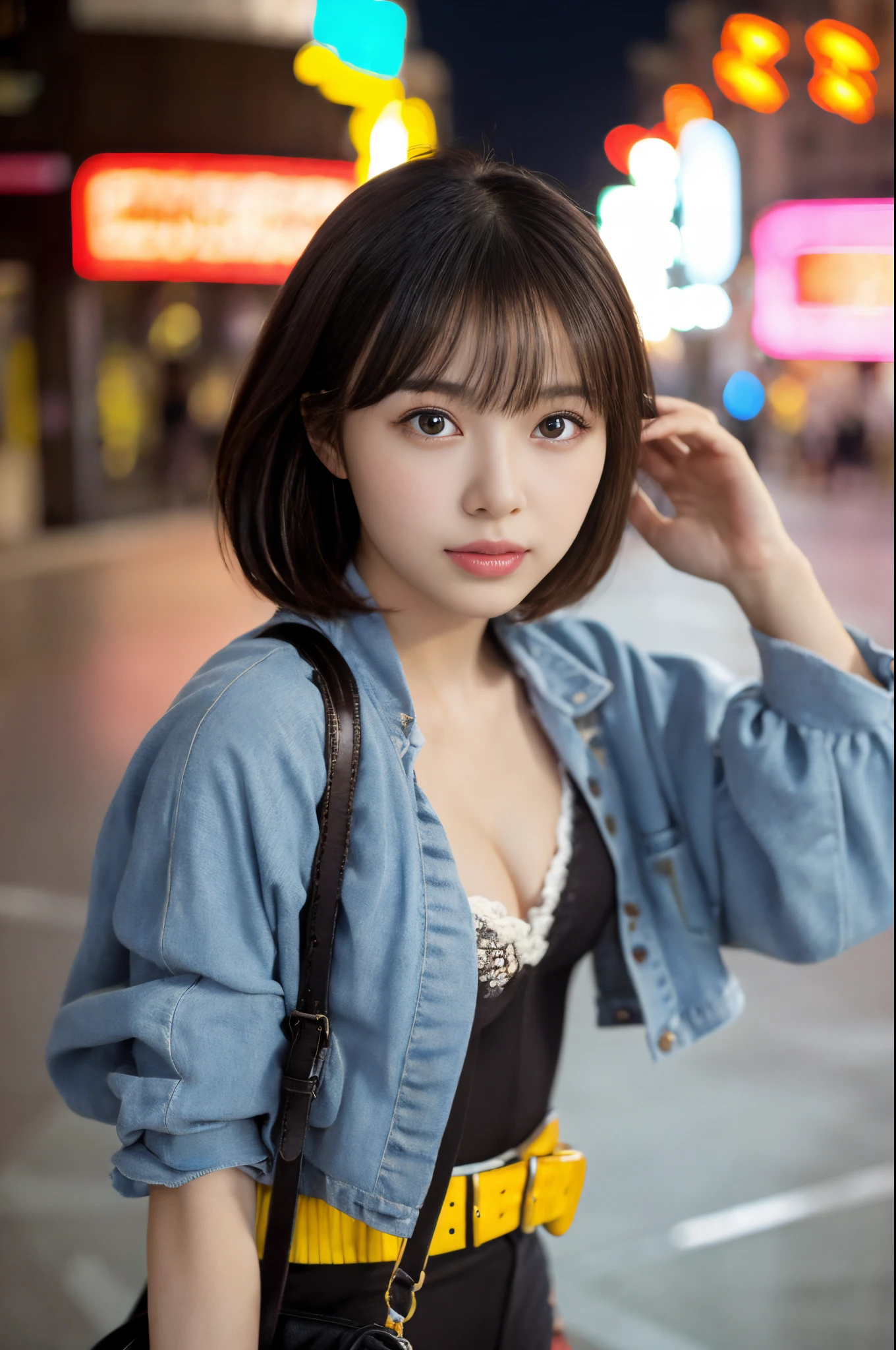 ulzzang -6500-v1.1, (Raw photo:1.2), (Photorealsitic), (Real: 1.4), Portrait, 1 girl, Beautiful face, Asymmetrical hair, Multi-colored hair, Belt bag, body suit, Covered navel, Detached sleeves, grey eyes, hip vent, Open jacket, Cute, look at viewr, nightcity, neons, rainy,