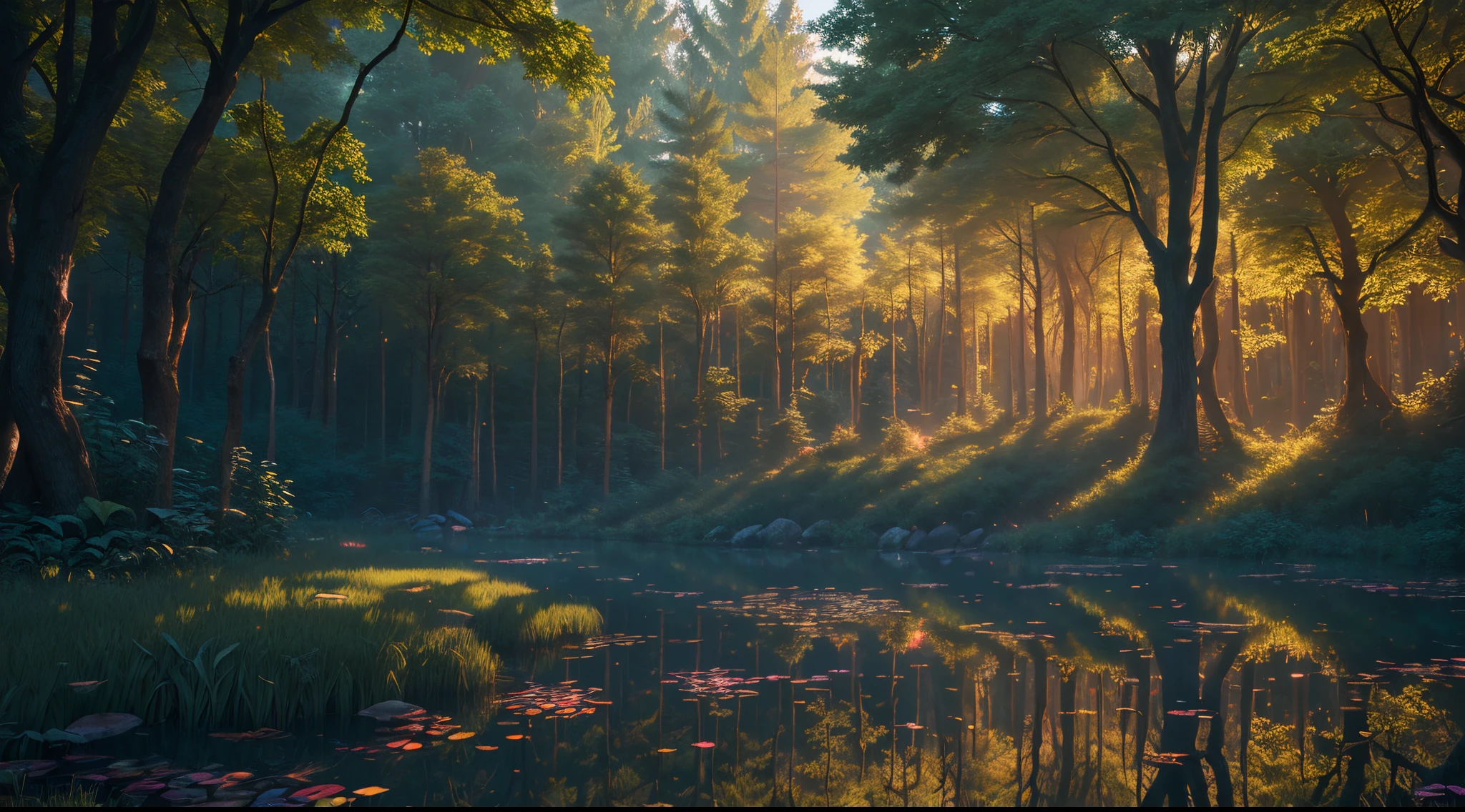 (high resolution uncompressed raw photo:0.8), abandoned overgrown Magic Sanctuary in a forest with lake view ata night and colorful trees, (twilight), sun, beauty, interesting lights and shadows, focus blur:0.4, masterpiece, (extremely detailed CG unity 8k wallpaper), 8K render, wide angle full body, plant, trending, magic Museum