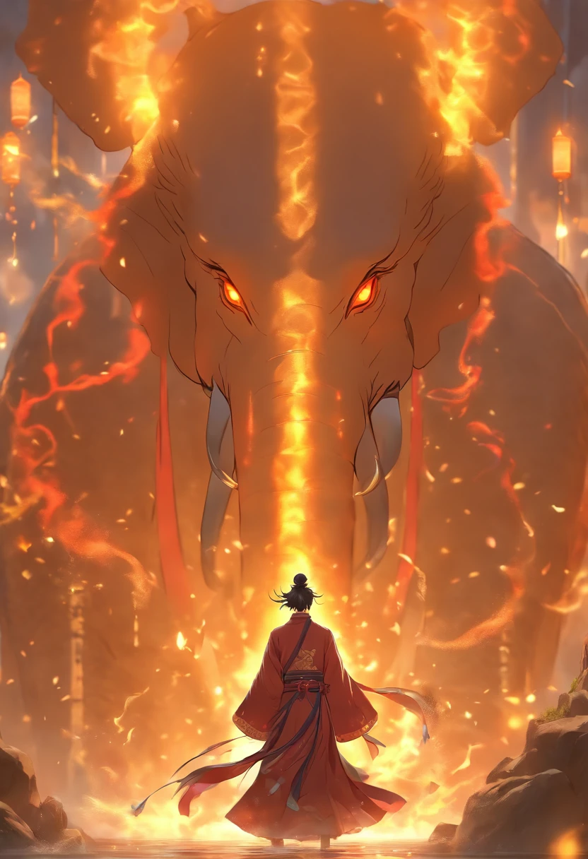 (tmasterpiece), (Best quality at best), Cinematic quality,Rendered by Octane,Ultra-detailed details,1 boy,Cool action,Wearing ancient Chinese Hanfu,(Ancient Chinese Formation:1.2),Energy surrounds,smooggy,light particle fluid,Fairy air fluttering,Luminous magic circle,Summon ancient beasts,A huge elephant made of rock,