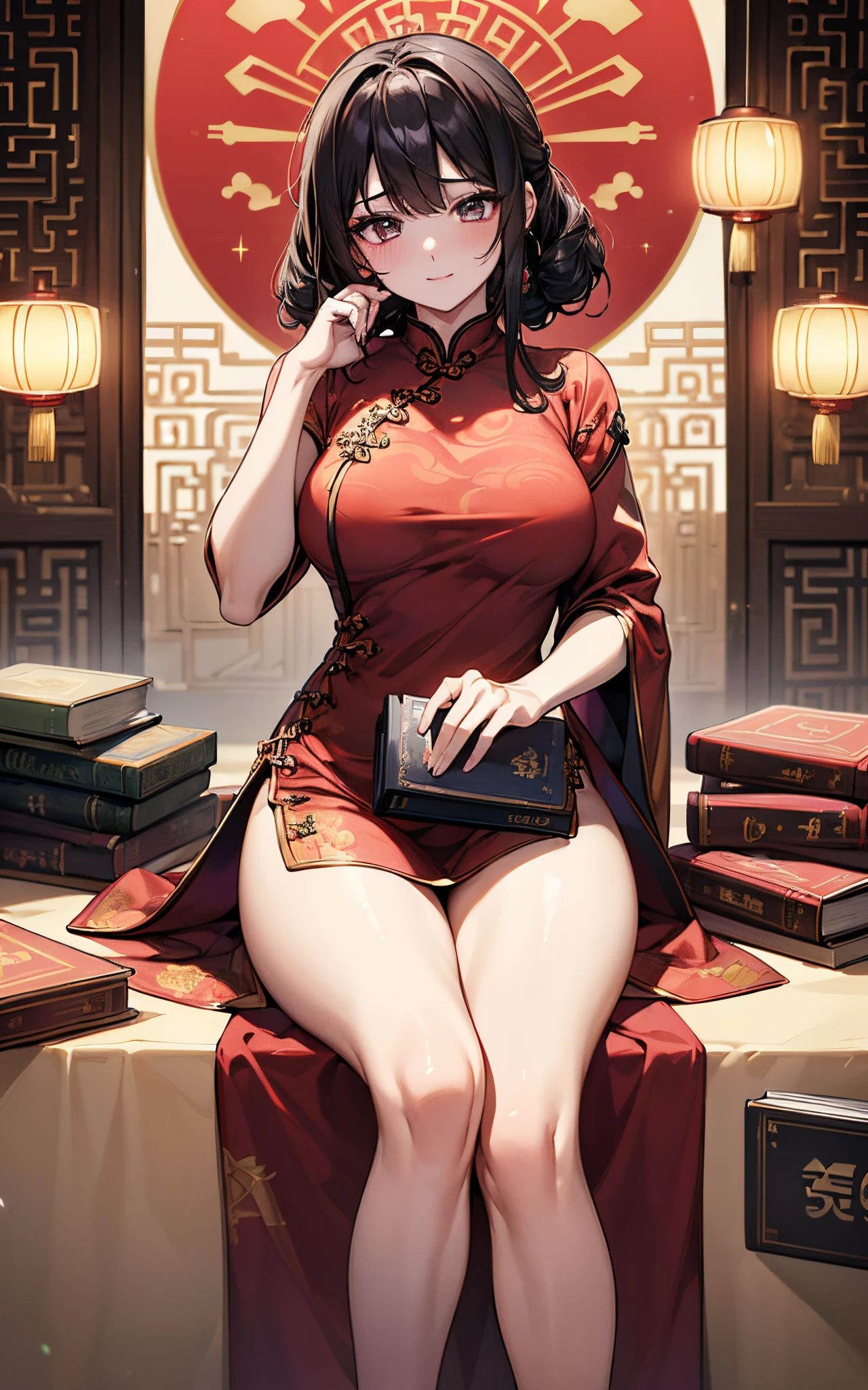 nsfw、(Positive Focus）、(((top-quality、hight resolution、​masterpiece、super precision、８K)))、(1人の女性)、extra detailed face、8 head body、
Colorful、Fine skin、large full breasts、thighs thighs thighs thighs、Deep slit、
Beautie、Bright expression、A slight smil、red blush、plump eyes、Eyes sparkle、
(((Luxury cheongsam)))、(Red cheongsam)、off shoulders、
（Real-life background）、(Will)、natta、neons、Crowds、kirakira、电影灯光、
looking for viewer、
(chinese style hairstyle)、(hair adornments)、(Hide your fingertips)、(((Refers to 5 books)))、
(Composition looking up from a low position)、