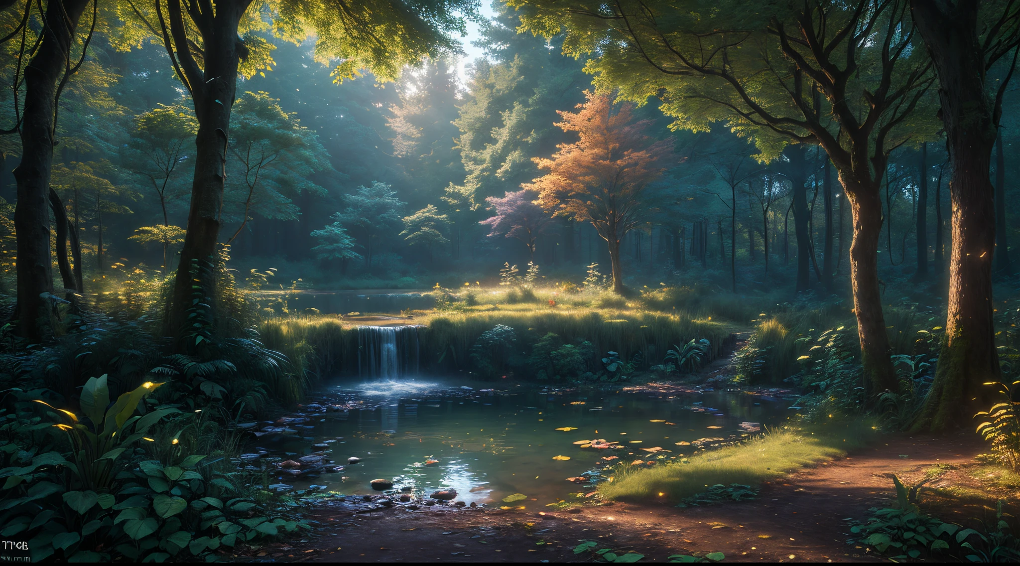 (high resolution uncompressed raw photo:0.8), abandoned overgrown Magic Sanctuary in a forest with lake view ata night and colorful trees, (twilight), sun, beauty, interesting lights and shadows, focus blur:0.4, masterpiece, (extremely detailed CG unity 8k wallpaper), 8K render, wide angle full body, plant, trending, magic Museum