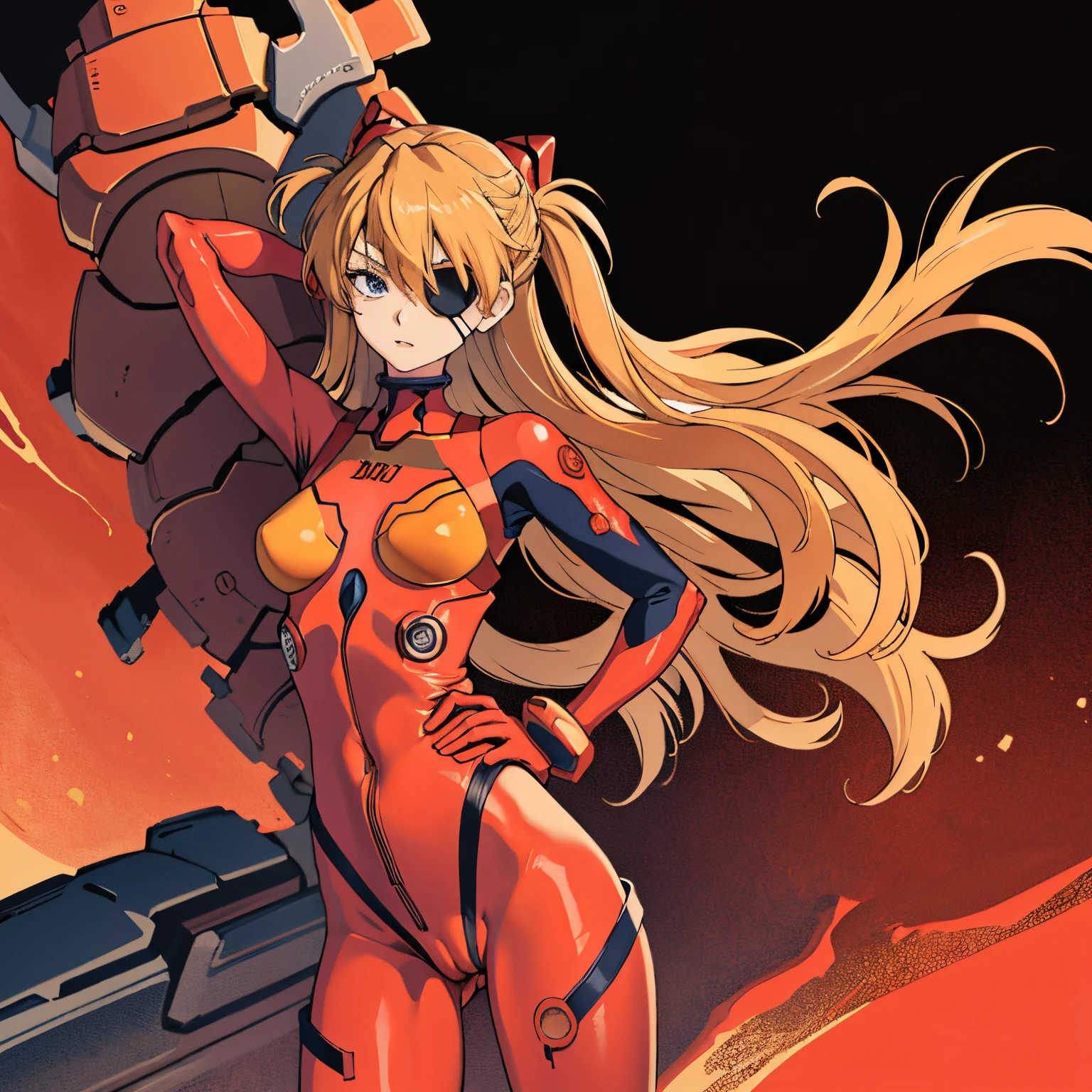 (masutepiece, Best Quality, Detailed), 1girl in, Solo, Cowboy Shot,
Souryu Asuka Langley, Interface headset, Red bodysuit, Cameltoe, Skin Tight, Sexy, Face Focus, an eye patch, Hats, Red tape is wrapped around his arms and stomach..