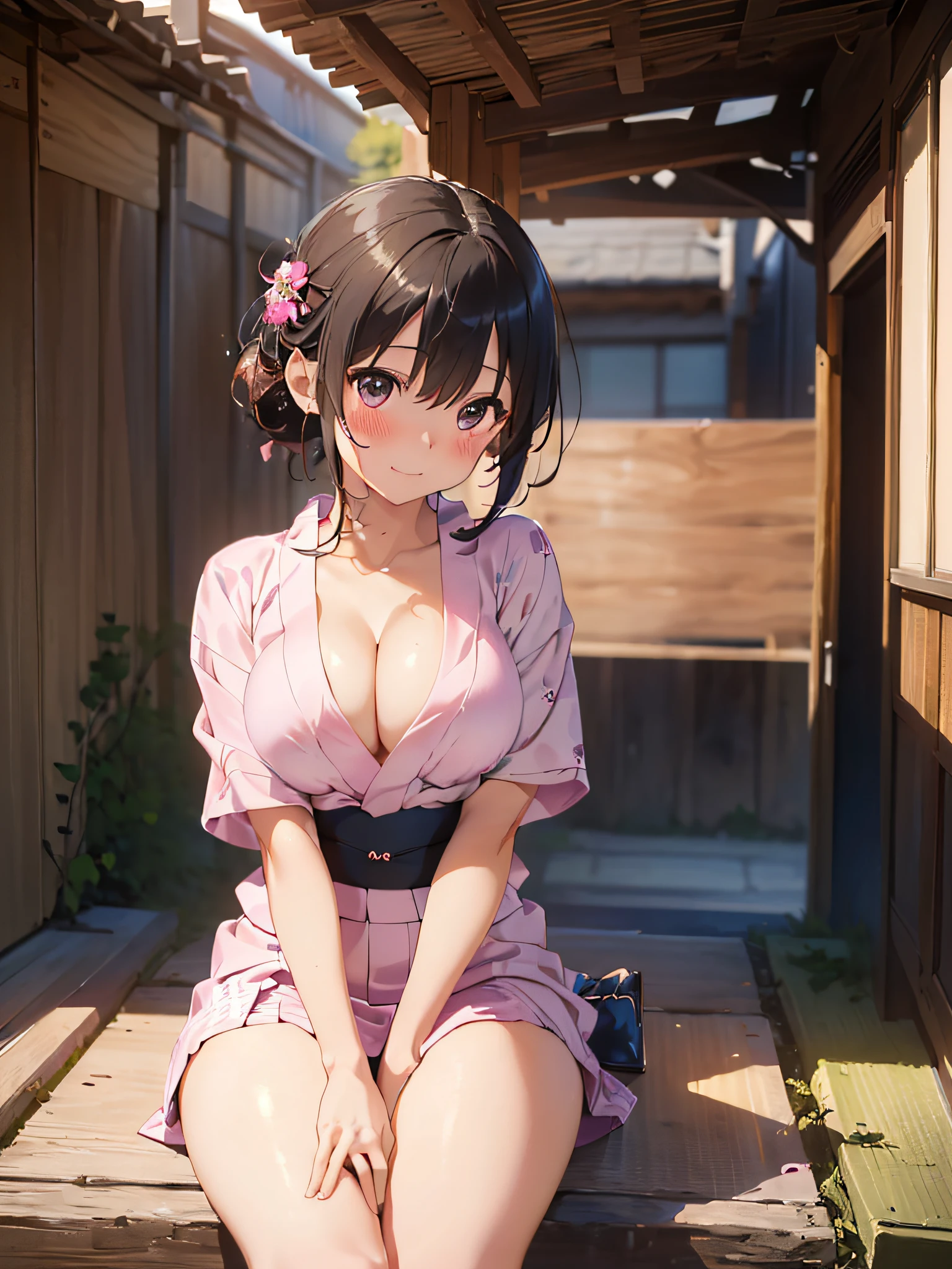 (masterpiece:2.0), (top-quality:2.0), (sitting naked:1.5), (extremely mini skirt extremely small pink yukata:1.5), (super thin fabric:1.5), (sexypose:1.5), (blushed face:1.3), (barechested:1.3), (realistic:1.5), 1 little girl, precise hands, Embarrassed look, light smile, Look at me and smile, extremely cute girl, innocent face, young face, Clear eyes, Shining eyes, small breast, (cleavage of the breast is visible:1.5), (the thighs is visible:1.5), The crotch is visible, No pubic hair, full body, The beautiful skin, ultra-definition, Top resolution, japan high school student, brown hair, at the night festival