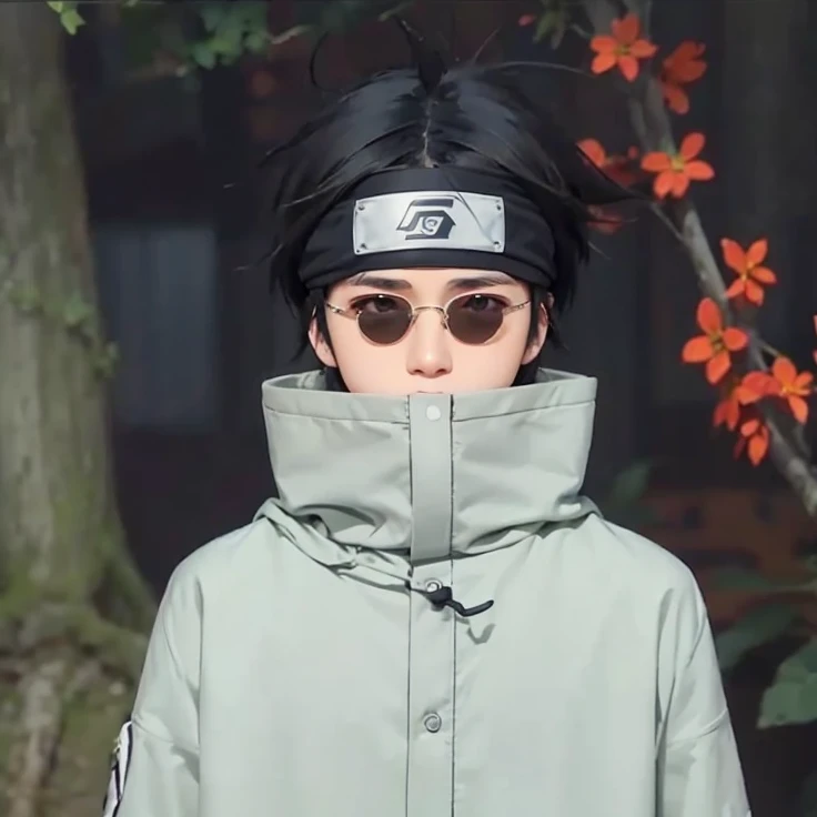 1guy,shino in anime naruto, short hair, black hair, sunglasses , beautiful, white clothes , Konoha headband, realistic clothes, detail clothes, outdoor background, ultra detail, realistic