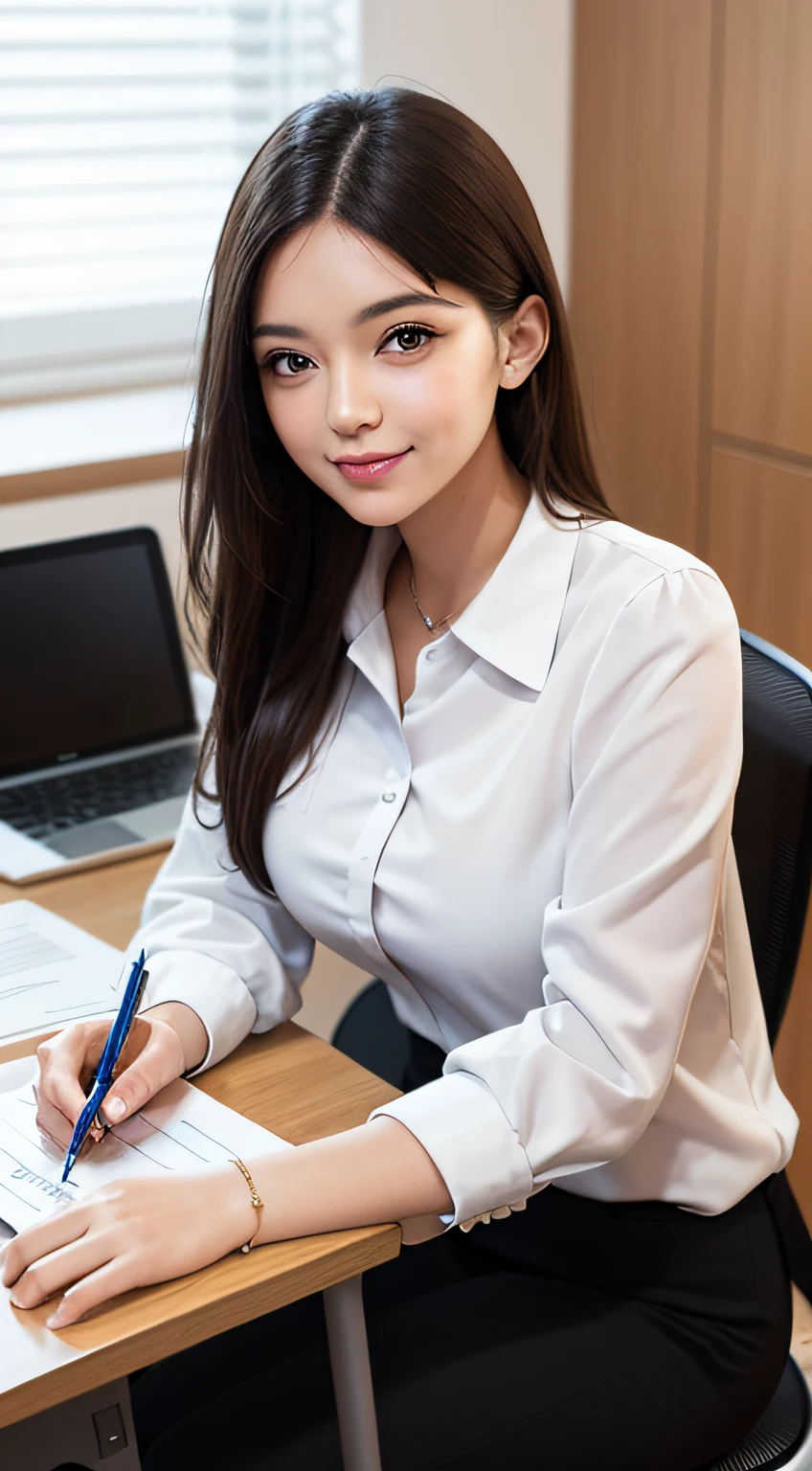 Adult woman sitting at desk,blouse with a white collar,looking at the camera in,ssmile,Write notes,Study desk,papers,(A high resolution,photore:1.2)
