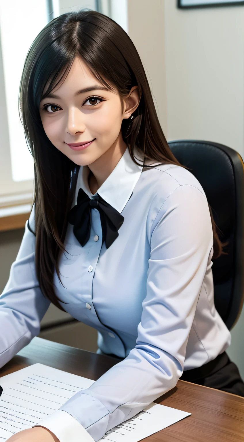 Adult woman sitting at desk,blouse with a white collar,looking at the camera in,ssmile,Write notes,Study desk,papers,(A high resolution,photore:1.2)