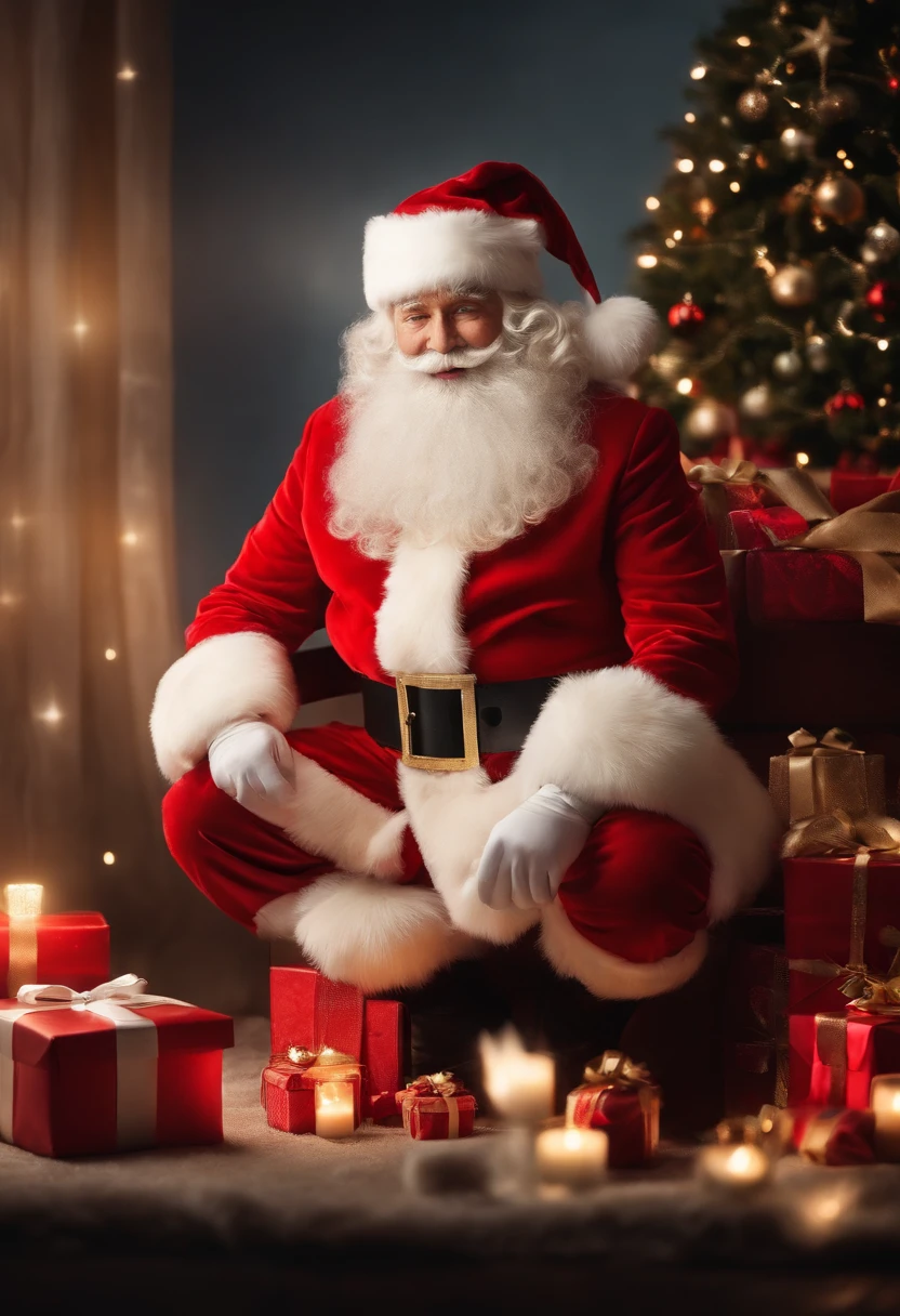santa:An elder,White beard and white mustache hat,Wearing red Christmas clothes and Christmas hat。 Clear facial features:Santa Claus’s eyes are bright and energetic,ruddy nose,The lips are clearly contoured。 HD picture:The image is of high quality,Details are clearly visible,vibrant with colors。 Give gifts:Santa Claus holding a big red bag,It's filled with all kinds of beautiful gifts,He is smiling and handing gifts to the children。 Scenes:Santa Claus is in a warm living room,Fireplace visible、Christmas tree and shining lights,adding to the festive ambiance、In this high-definition picture,The image of Santa Claus comes to life。Santa Claus’s facial features are clearly visible:His bright and expressive eyes reveal warmth and kindness,The rosy nose exudes a rosy glow,while chiseled lips radiate a smile。The image is of high quality,Every detail is clearly visible,Bright colors make the whole scene more vivid