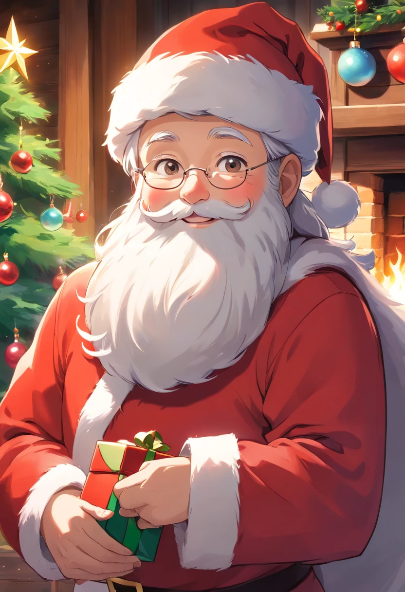 santa：An elder，White beard and white mustache hat，Wearing red Christmas clothes and Christmas hat。 Clear facial features：Santa Claus’s eyes are bright and energetic，ruddy nose，The lips are clearly contoured。 HD picture：The image is of high quality，Details are clearly visible，vibrant with colors。 Give gifts：Santa Claus holding a big red bag，It&#39;s filled with all kinds of beautiful gifts，He is smiling and handing gifts to the children。 Scenes：Santa Claus is in a warm living room，Fireplace visible、Christmas tree and shining lights，adding to the festive ambiance、In this high-definition picture，The image of Santa Claus comes to life。Santa Claus’s facial features are clearly visible：His bright and expressive eyes reveal warmth and kindness，The rosy nose exudes a rosy glow，while chiseled lips radiate a smile。The image is of high quality，Every detail is clearly visible，Bright colors make the whole scene more vivid