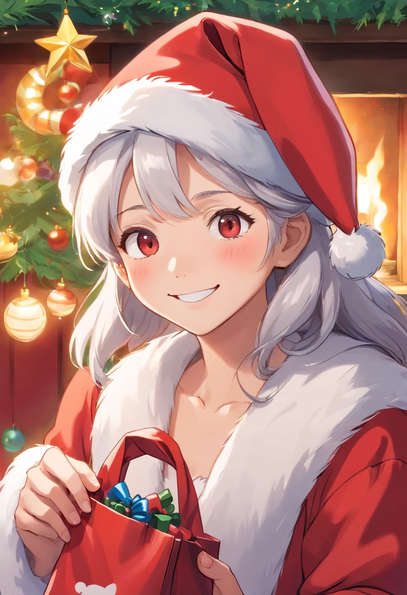 santa:An elder,White beard and white mustache hat,Wearing red Christmas clothes and Christmas hat。 Clear facial features:Santa Claus’s eyes are bright and energetic,ruddy nose,The lips are clearly contoured。 HD picture:The image is of high quality,Details are clearly visible,vibrant with colors。 Give gifts:Santa Claus holding a big red bag,It's filled with all kinds of beautiful gifts,He is smiling and handing gifts to the children。 Scenes:Santa Claus is in a warm living room,Fireplace visible、Christmas tree and shining lights,adding to the festive ambiance、In this high-definition picture,The image of Santa Claus comes to life。Santa Claus’s facial features are clearly visible:His bright and expressive eyes reveal warmth and kindness,The rosy nose exudes a rosy glow,while chiseled lips radiate a smile。The image is of high quality,Every detail is clearly visible,Bright colors make the whole scene more vivid