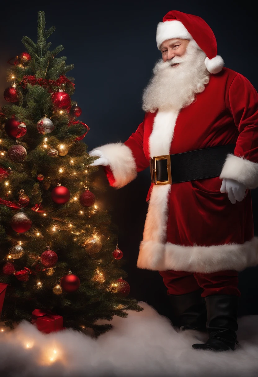 santa:An elder,White beard and white mustache hat,Wearing red Christmas clothes and Christmas hat。 Clear facial features:Santa Claus’s eyes are bright and energetic,ruddy nose,The lips are clearly contoured。 HD picture:The image is of high quality,Details are clearly visible,vibrant with colors。 Give gifts:Santa Claus holding a big red bag,It's filled with all kinds of beautiful gifts,He is smiling and handing gifts to the children。 Scenes:Santa Claus is in a warm living room,Fireplace visible、Christmas tree and shining lights,adding to the festive ambiance、In this high-definition picture,The image of Santa Claus comes to life。Santa Claus’s facial features are clearly visible:His bright and expressive eyes reveal warmth and kindness,The rosy nose exudes a rosy glow,while chiseled lips radiate a smile。The image is of high quality,Every detail is clearly visible,Bright colors make the whole scene more vivid