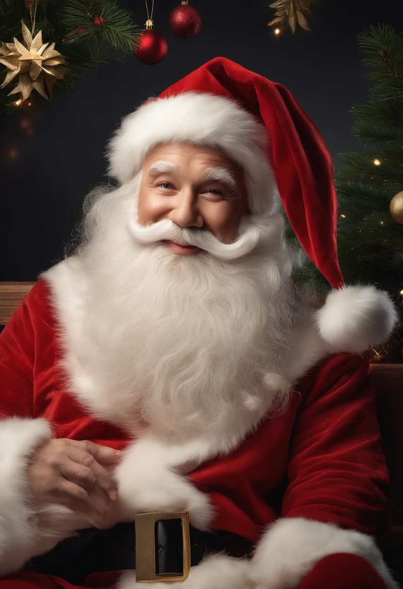 santa:An elder,White beard and white mustache hat,Wearing red Christmas clothes and Christmas hat。 Clear facial features:Santa Claus’s eyes are bright and energetic,ruddy nose,The lips are clearly contoured。 HD picture:The image is of high quality,Details are clearly visible,vibrant with colors。 Give gifts:Santa Claus holding a big red bag,It's filled with all kinds of beautiful gifts,He is smiling and handing gifts to the children。 Scenes:Santa Claus is in a warm living room,Fireplace visible、Christmas tree and shining lights,adding to the festive ambiance、In this high-definition picture,The image of Santa Claus comes to life。Santa Claus’s facial features are clearly visible:His bright and expressive eyes reveal warmth and kindness,The rosy nose exudes a rosy glow,while chiseled lips radiate a smile。The image is of high quality,Every detail is clearly visible,Bright colors make the whole scene more vivid