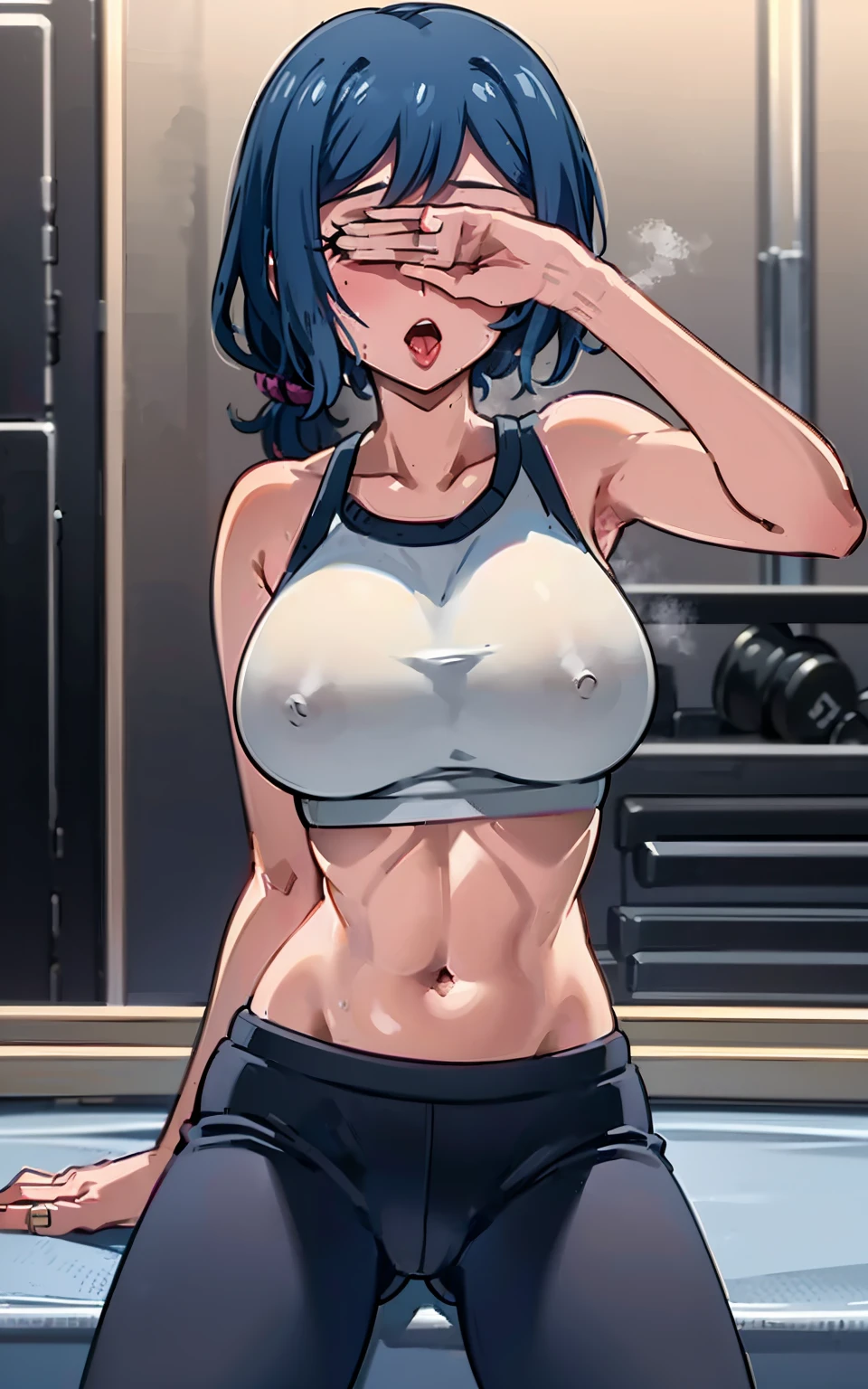 best quality, highly detailed, masterpiece, ultra-detailed,
(gym:1.2),
1girl, rinko-iori, wide hips, low ponytail, cowboy shot, (yoga pants), (sports bra), covered nipples, open mouth, tongue out, steaming body, large breasts,
(covering eyes:1.4), (hand over eyes), (spread legs), (midriff), (navel),
standing,