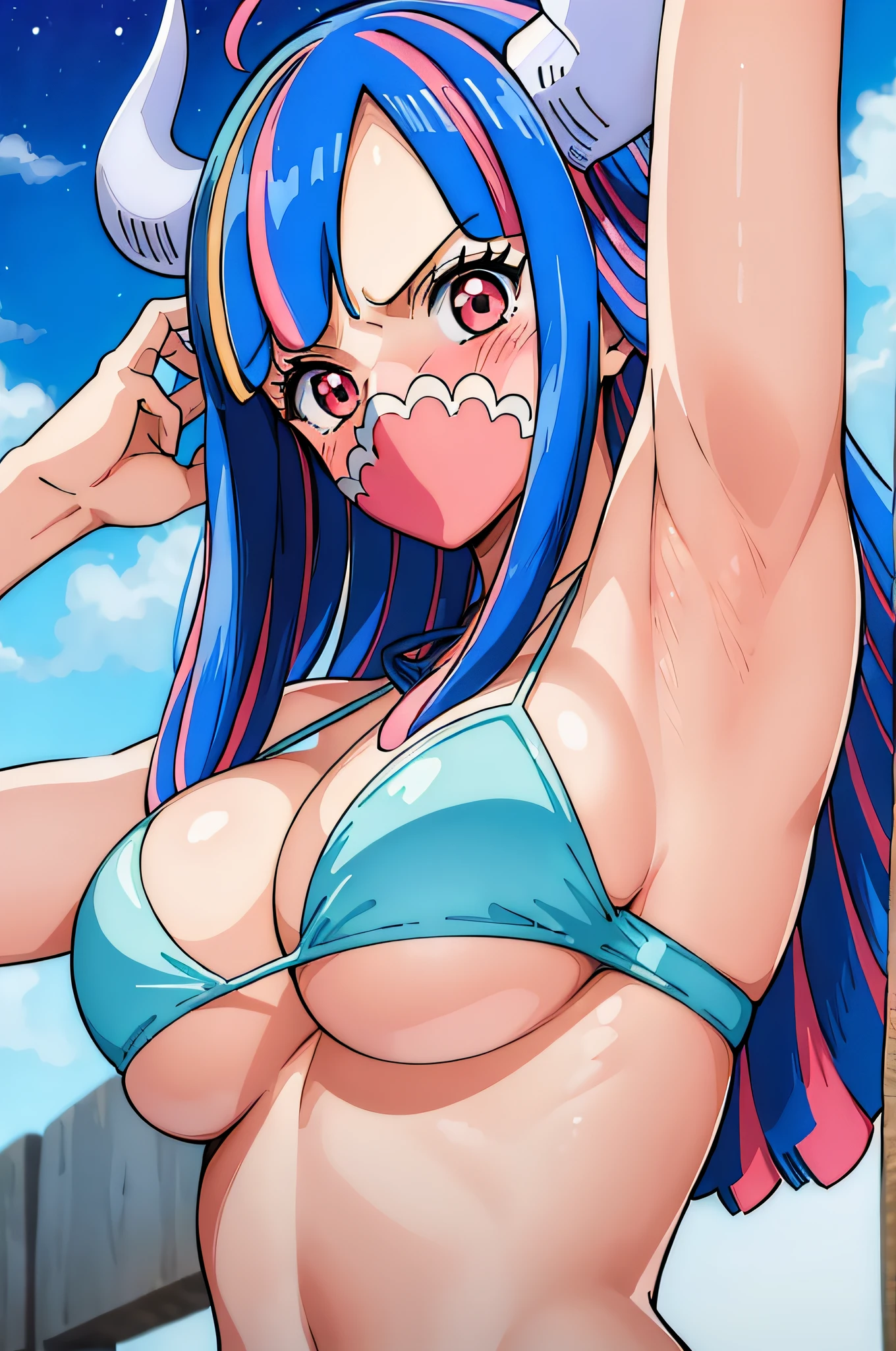 (masterpiece, best quality:1.4), cinematic light, colorful, high contrast, (1girl), UltiOP, onepieceanime, ((large breasts)), multicolored hair, long hair, blue hair, pink hair, bangs, horns, blush, armpits, night, blue bikini