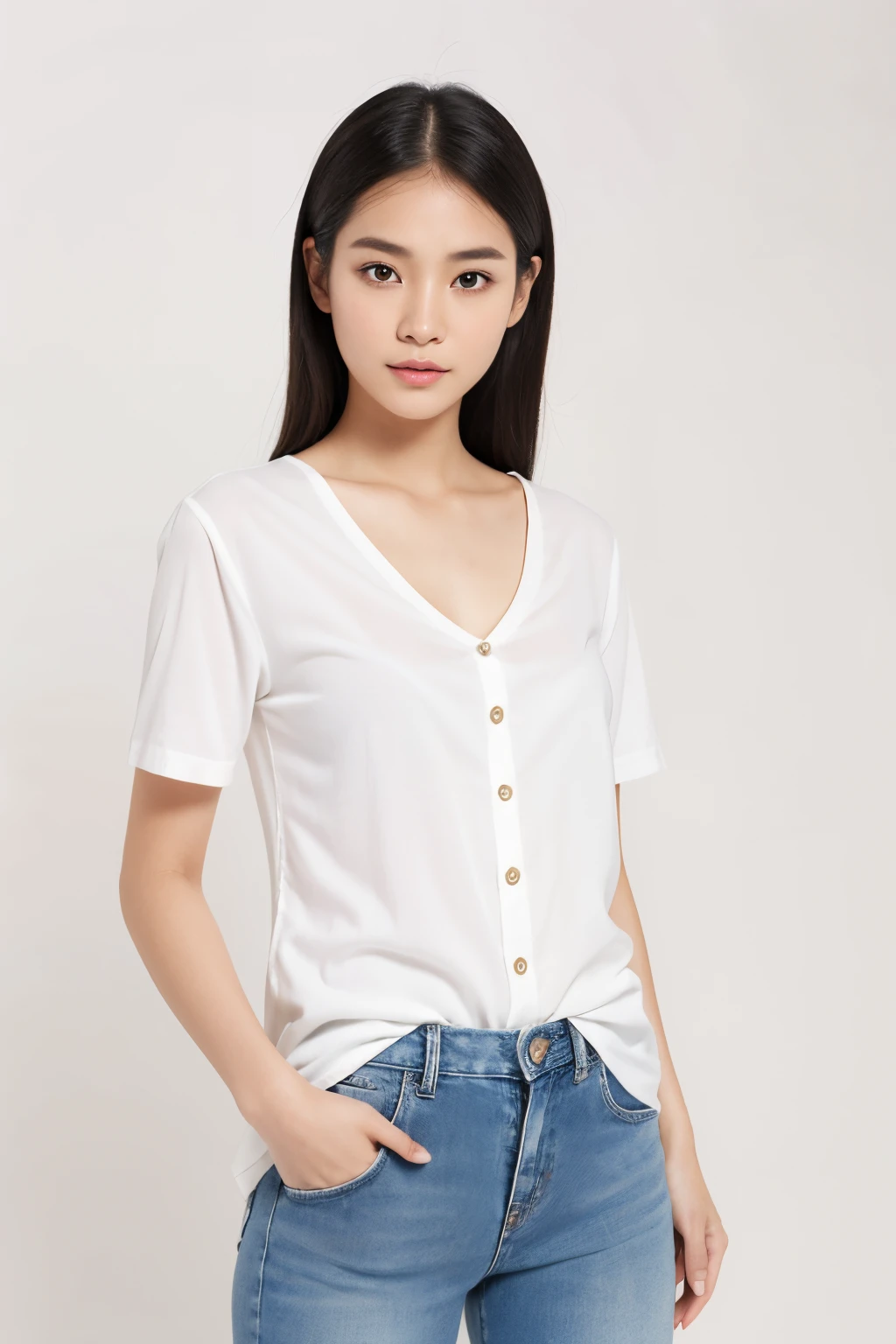 Thai woman, full body,  look at viewer, oval face shape, portrait, long shot, full body, top to toe, white shirt with button undo, jean, white background, simple background