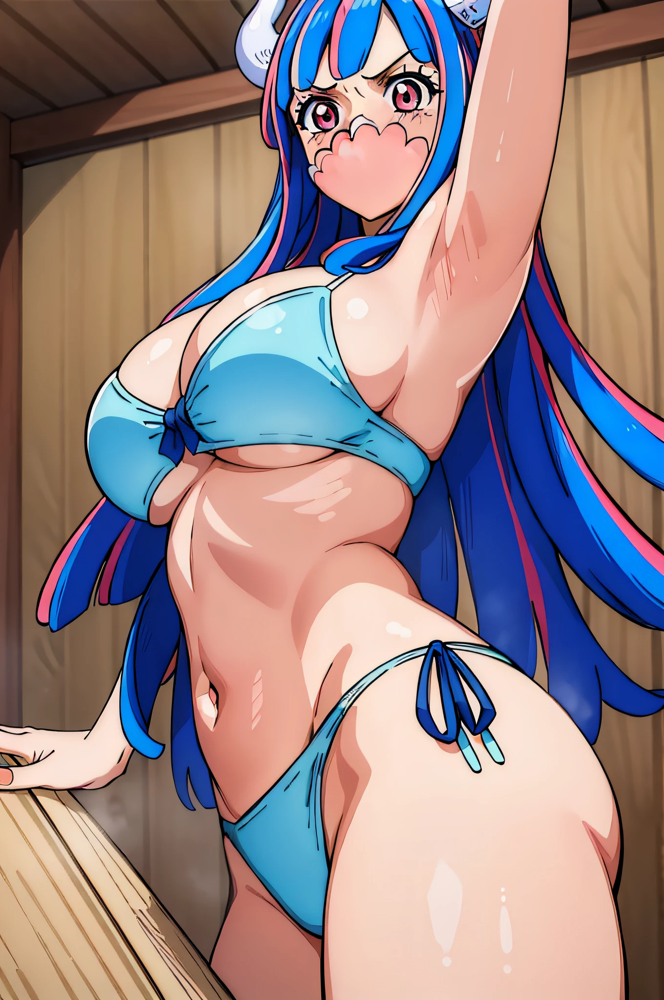 (masterpiece, best quality:1.4), cinematic light, colorful, high contrast, (1girl), UltiOP, onepieceanime, ((large breasts)), multicolored hair, long hair, blue hair, pink hair, bangs, horns, blush, armpits, night, blue bikini