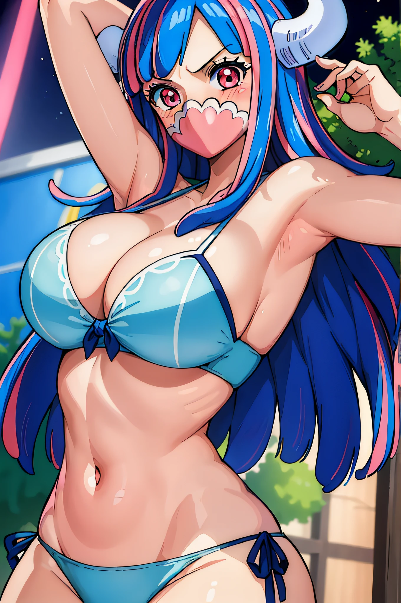 (masterpiece, best quality:1.4), cinematic light, colorful, high contrast, (1girl), UltiOP, onepieceanime, ((large breasts)), multicolored hair, long hair, blue hair, pink hair, bangs, horns, blush, armpits, night, blue bikini