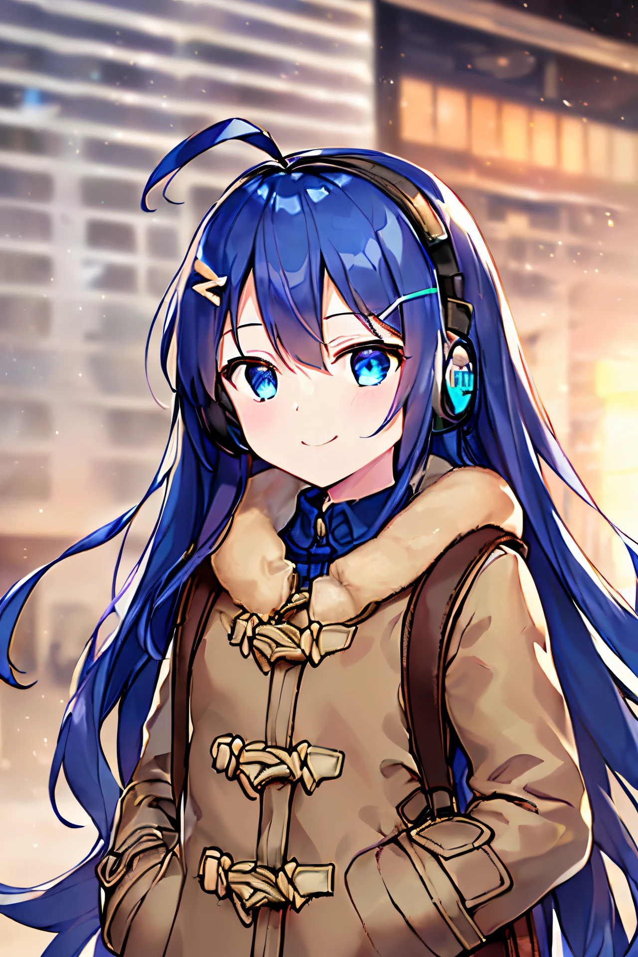 (((masutepiece))), (((Best Quality))), (((High quality))), (((Beautiful))), (((8K))), (((hight resolution))), (((absurderes))), (((Exquisite))), (((Ultra high definition))), (((High resolution))), (1girl in), (Lori:1.4), (Gamine:1.5), (:1.4), (Dark blue straight long hair:1.3), (Very long sideburns of dark blue color), (Super long and thick sideburns of dark blue color:1.4), (Dark blue bangs with super-large splits:1.3), (Simple Hair Clip:1.3), (Ahoge:1.4), (Small blue eyes:1.2), (A little sagging eyes:1.3), (Super thick sideburns and super long sideburns:1.1), (Super long and thick sideburns:1.1), (extra ultra flat chest:1.2), (extremely small breasts:1.2), (Smiling:1.30), (Cowboy Shot:1.4), (Walk on a busy sidewalk in the city:1.4), (Cowboy Shot:1.4), (Long beige duffle coat:1.4), (check duffel coat:1.4), (duffel coat with closed front:1.4), (put headphones on your head:1.2), (jeans long pants:1.3), (looking away:1.30)
