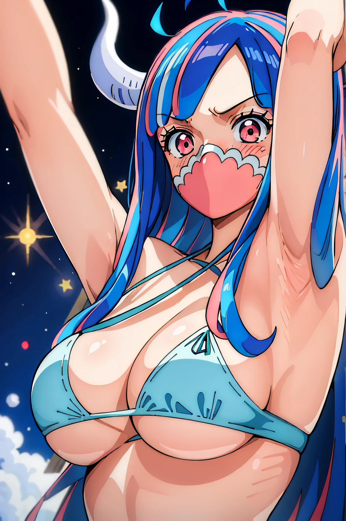 (masterpiece, best quality:1.4), cinematic light, colorful, high contrast, (1girl), UltiOP, onepieceanime, ((large breasts)), multicolored hair, long hair, blue hair, pink hair, bangs, horns, blush, armpits, night, blue bikini