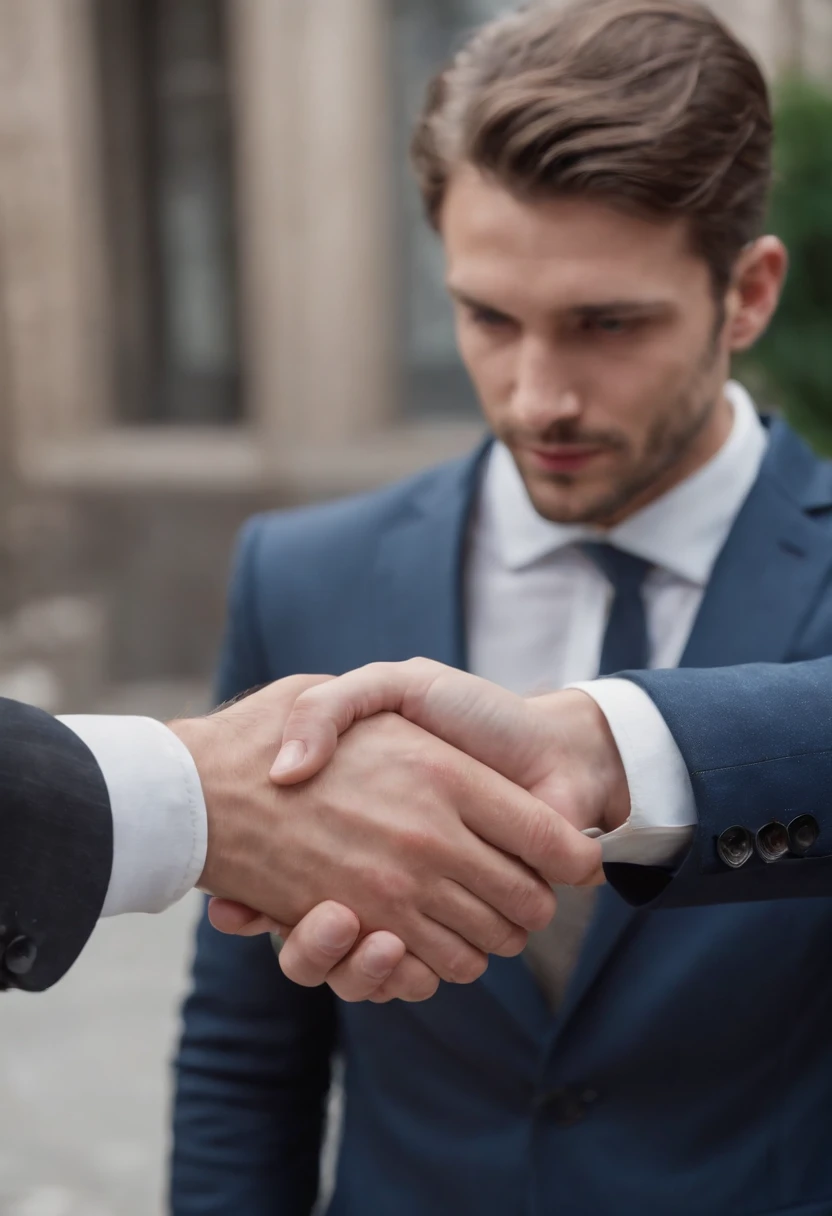 2 men shaking hands, attractive 30 year old man in Hugo boss business suit , Belle barbe , Executive Sexy Man, Terno donc, Front camera focus, mode portrait, perfectly straight in front of the camera