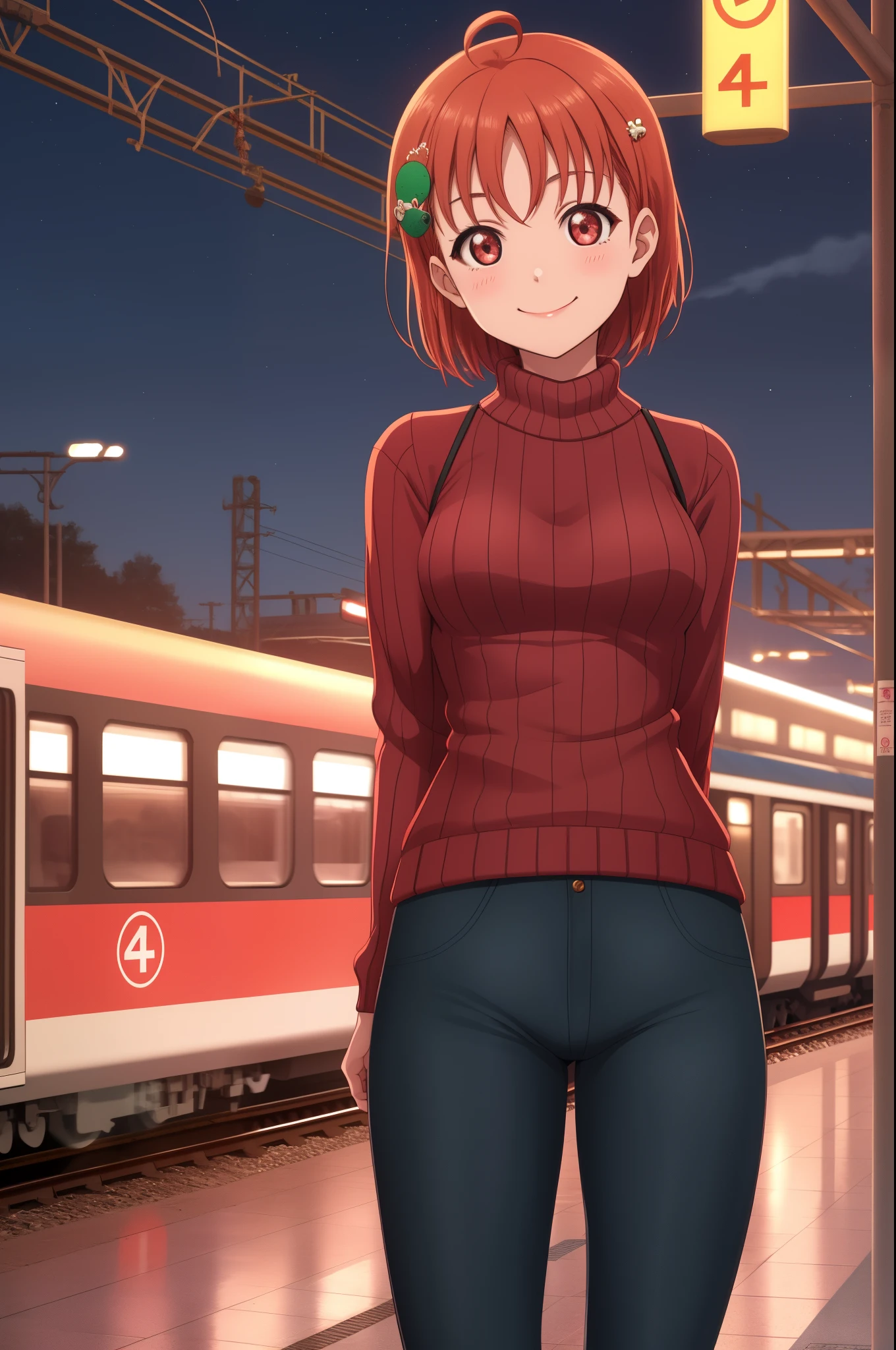 Takami chika, night, train station, tight pants,sweater ,arms behind back, short hair, hair ornament, crotch lines, standing , smile, cowboy shot