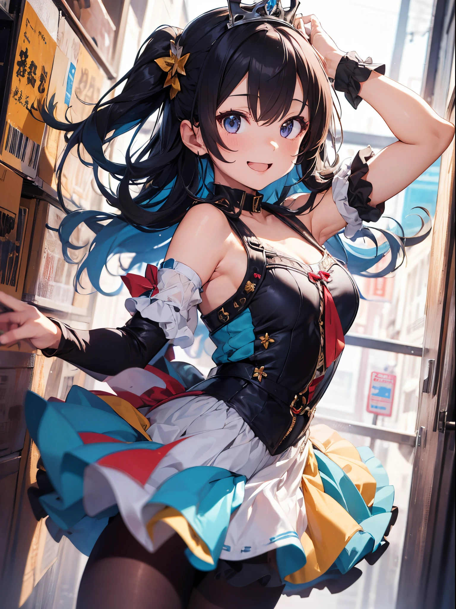 (Best Picture Quality, 4K, High Quality, Masterpiece:1.2), ((Masterpiece)), High Detail, High Quality, (HDR,16k, RAW Beautiful Girl Portrait, Best Picture Quality, Masterpiece::1. 2), (Ultra-Definition Illustration), nsfw, idolmaster, idol costume, teen, spotlight, extremely cute, colorful hair color, sleeveless, detached sleeves, colorful frilled dress, tiara, stage, showing armpits, cheerful, smiling, pantyhose,
