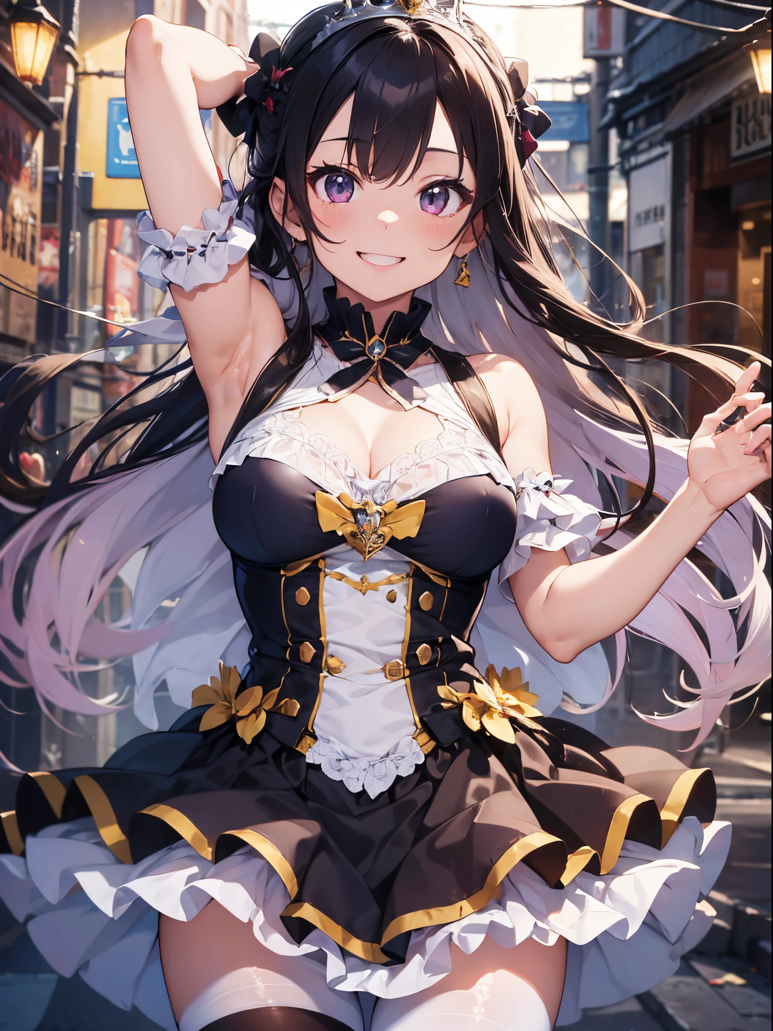 (Best Picture Quality, 4K, High Quality, Masterpiece:1.2), ((Masterpiece)), High Detail, High Quality, (HDR,16k, RAW Beautiful Girl Portrait, Best Picture Quality, Masterpiece::1. 2), (Ultra-Definition Illustration), nsfw, idolmaster, idol costume, teen, spotlight, extremely cute, colorful hair color, sleeveless, detached sleeves, colorful frilled dress, tiara, stage, showing armpits, cheerful, smiling, pantyhose,
